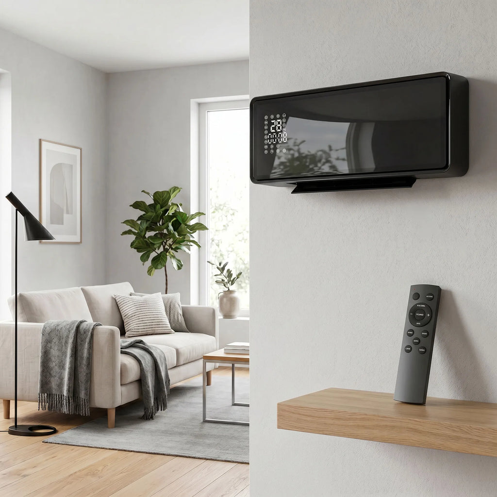 Sieninis elektrinis šildytuvas 2000W su termostatu ir laikmačiu, juodas