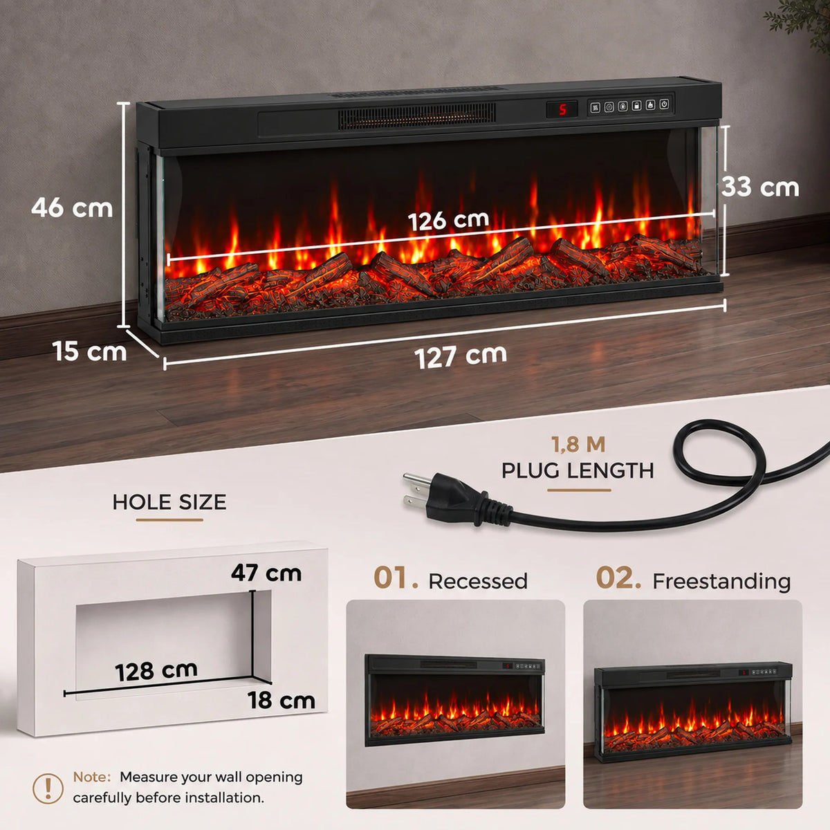 Sieninio elektrinio židinio matmenų ir sienos angos schema