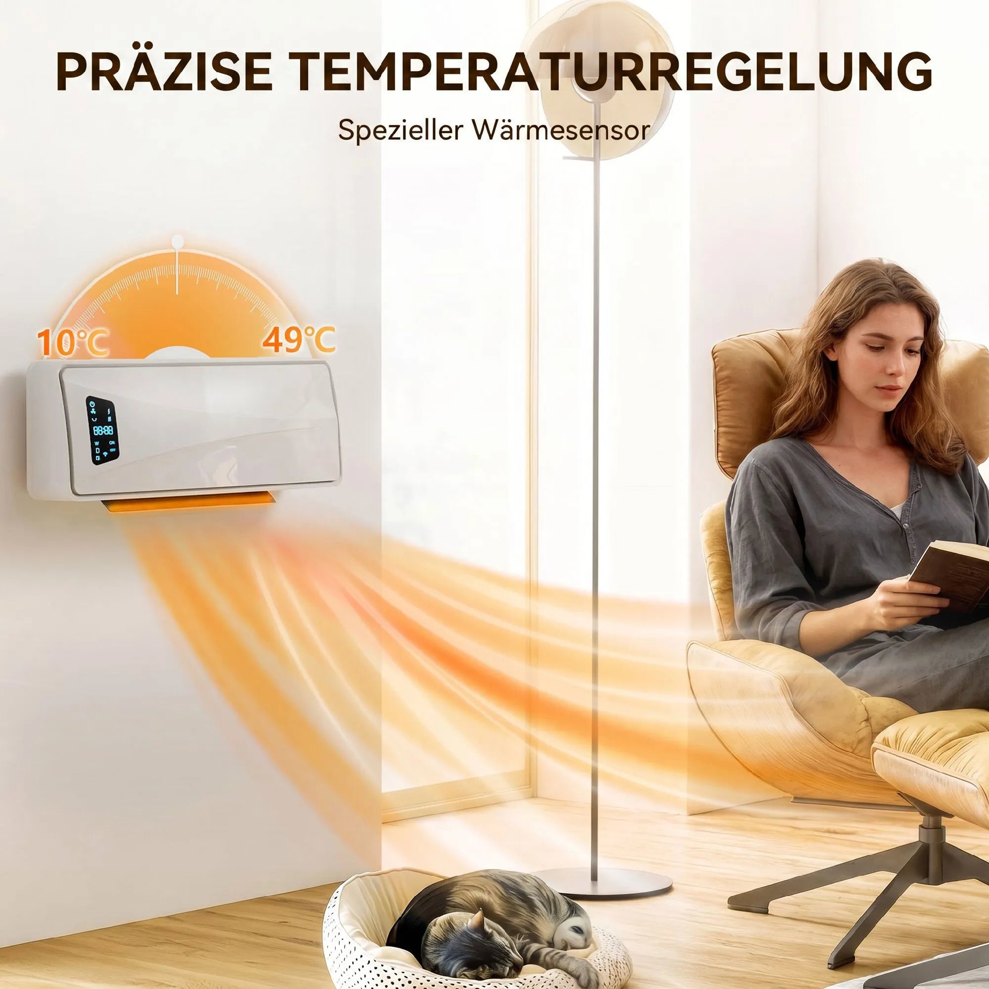 Sieninis keraminis šildytuvas 2000W su termostatu, baltas
