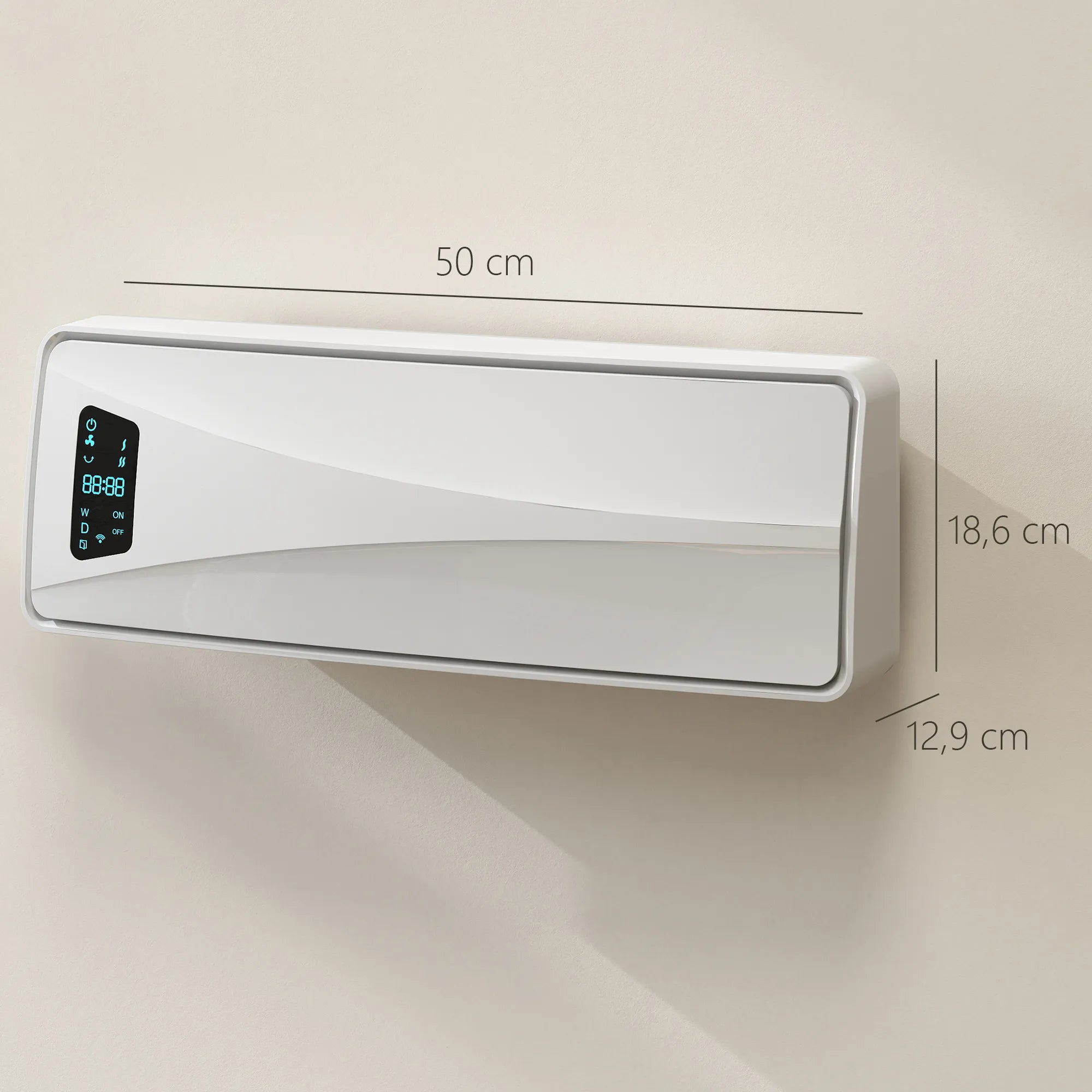 Sieninis keraminis šildytuvas 2000W su termostatu, baltas
