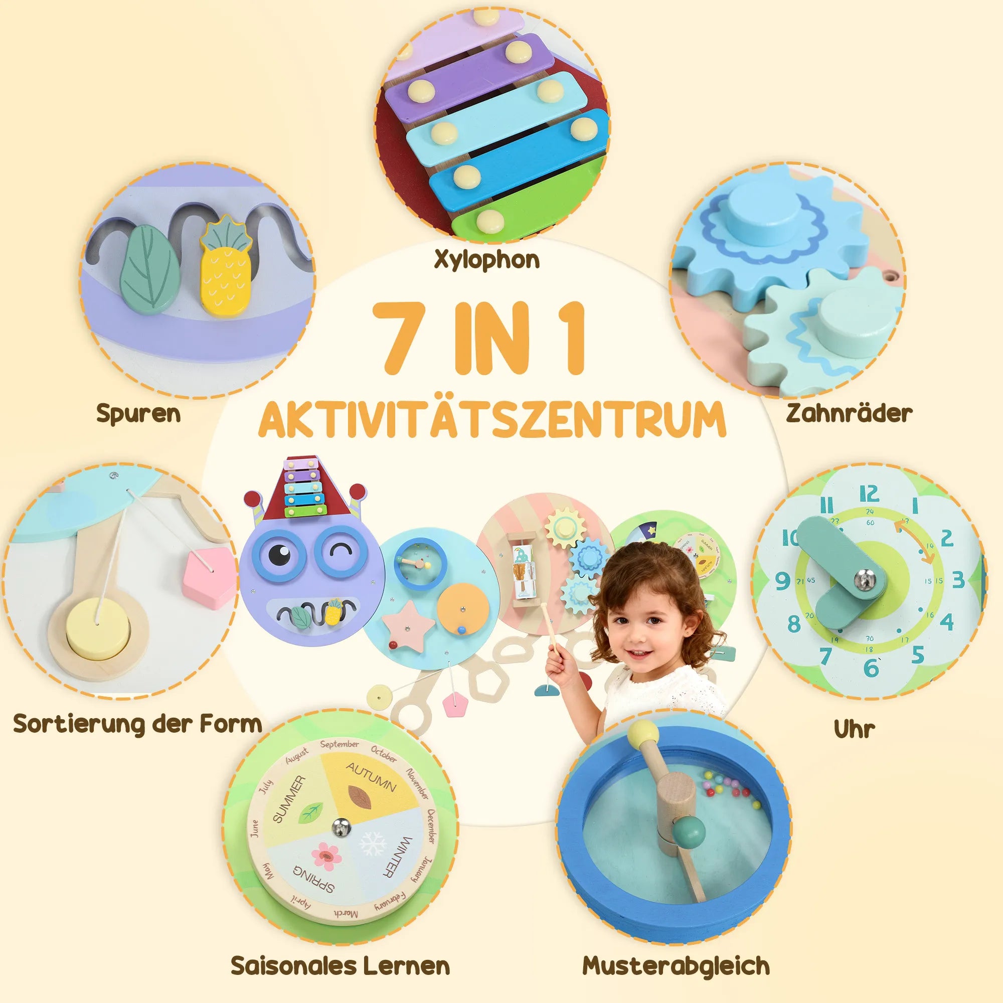 Sieninis lavinamasis žaislas 7-in-1, Montessori tipo, vaikams nuo 3 metų, spalvotas, 108 cm