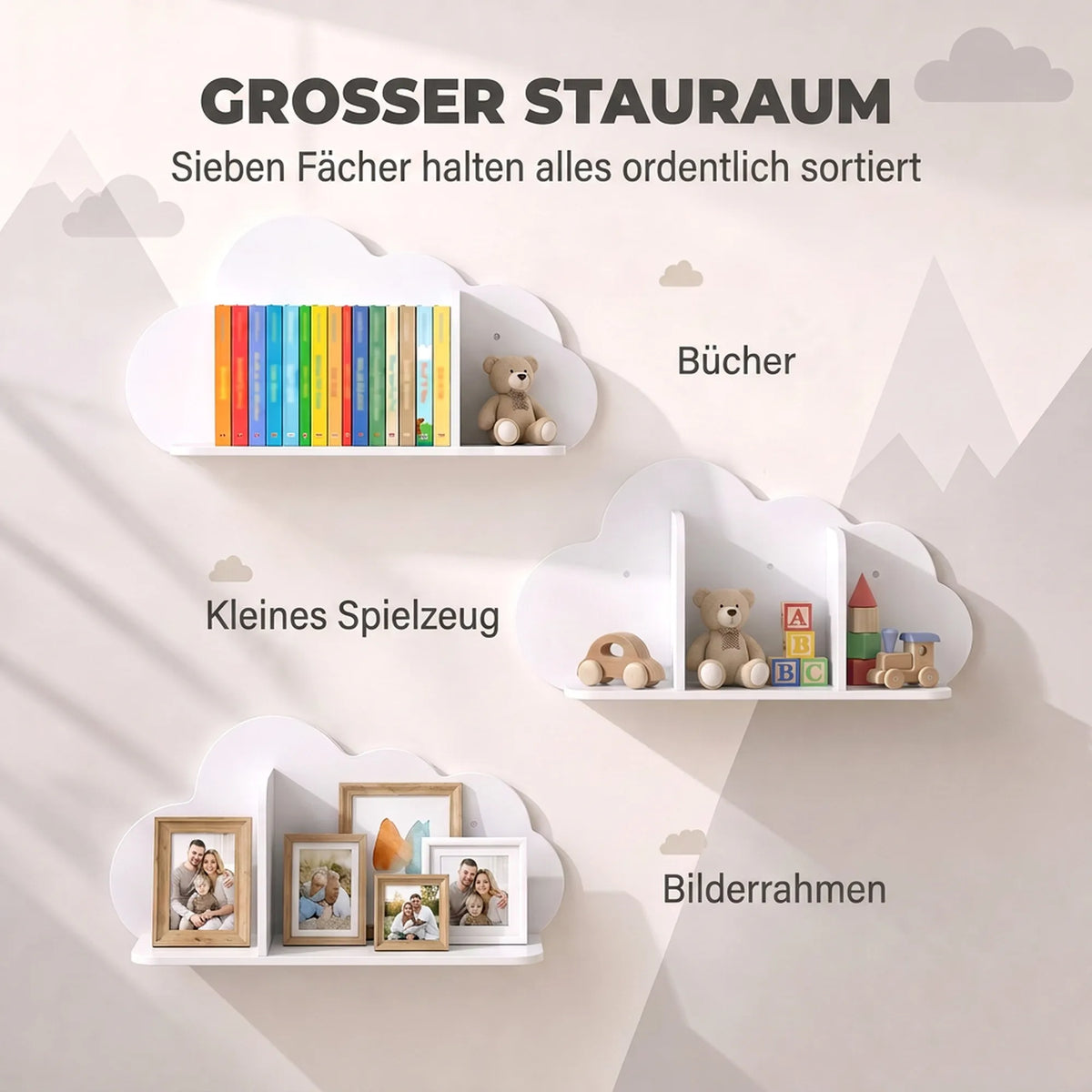 Schema, rodanti debesėlio lentynų panaudojimą knygoms, žaislams ir nuotraukoms