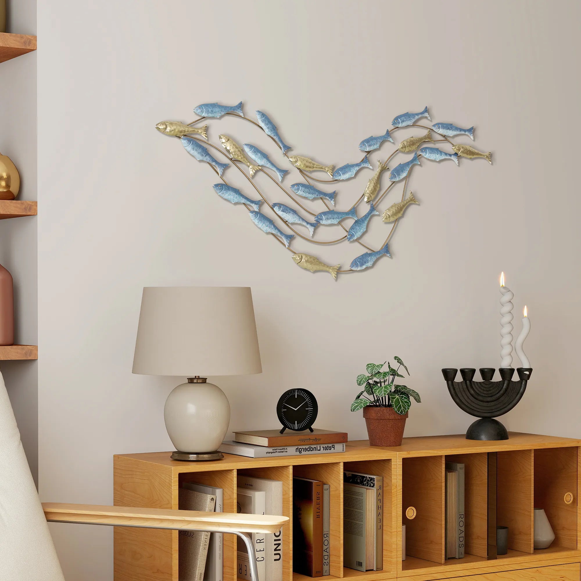 Sienos dekoracija metalinė, žuvų dizaino, 100 cm, auksinė ir mėlyna