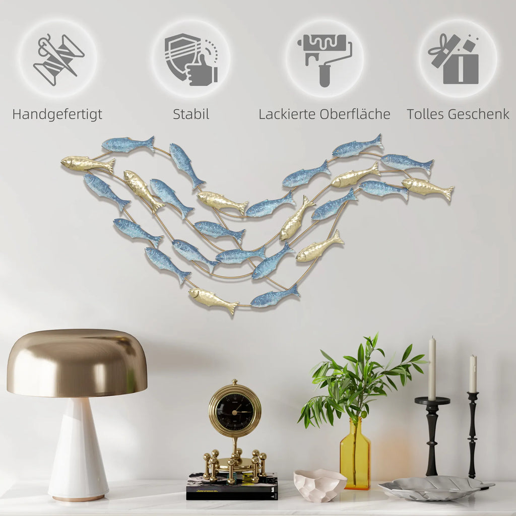 Sienos dekoracija metalinė, žuvų dizaino, 100 cm, auksinė ir mėlyna