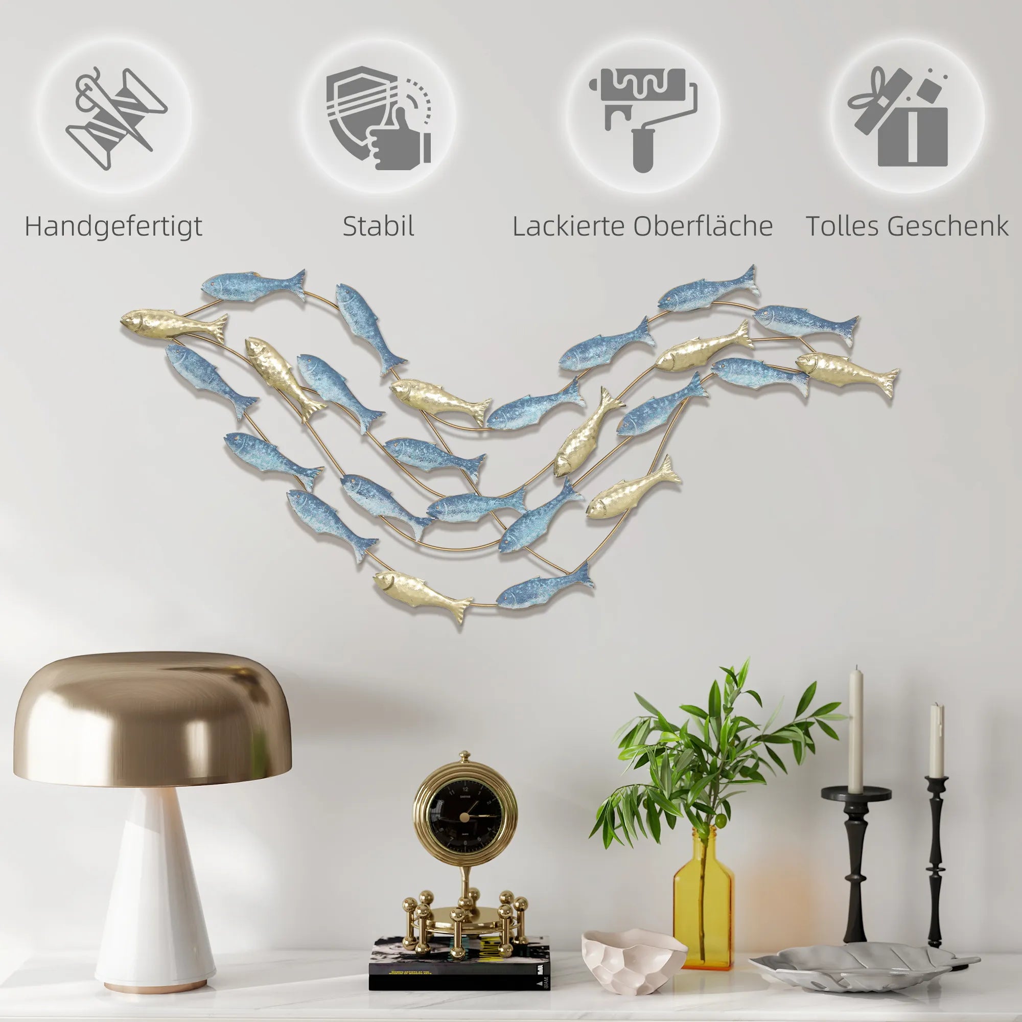Sienos dekoracija metalinė, žuvų dizaino, 100 cm, auksinė ir mėlyna
