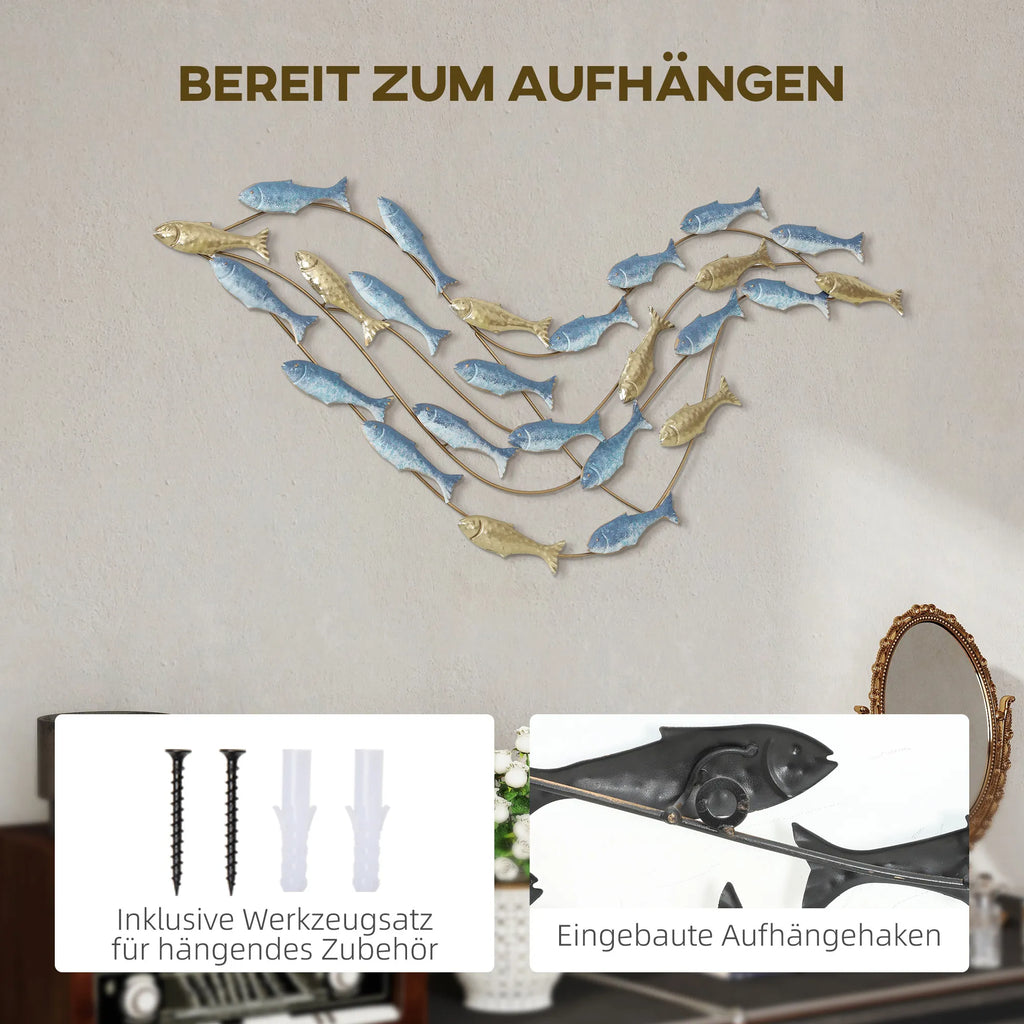 Sienos dekoracija metalinė, žuvų dizaino, 100 cm, auksinė ir mėlyna