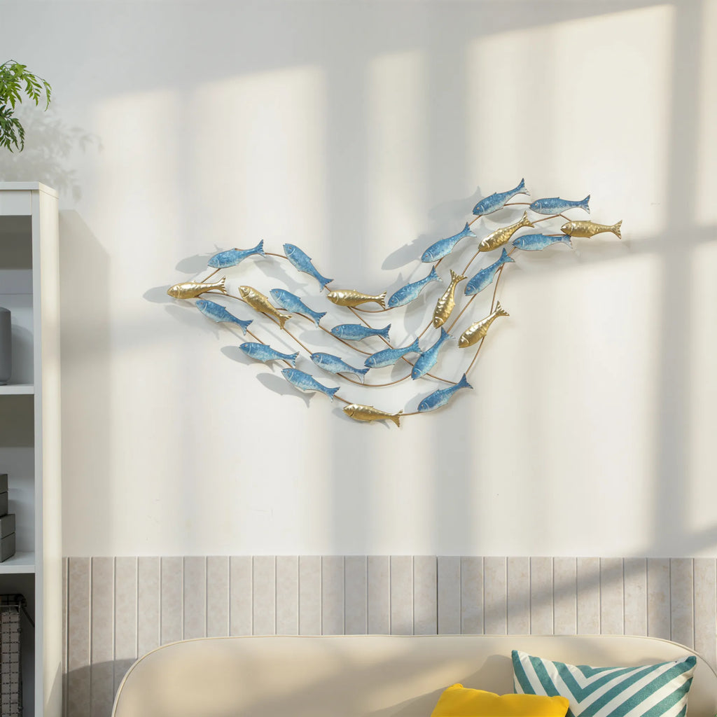 Sienos dekoracija metalinė, žuvų dizaino, 100 cm, auksinė ir mėlyna