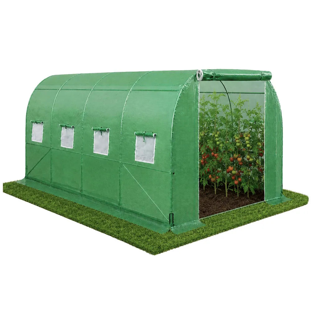 Šiltnamis tunelinis, 450 × 200 × 200 cm, su sustiprinta danga, įėjimu ir tinkleliais nuo vabzdžių, žalias