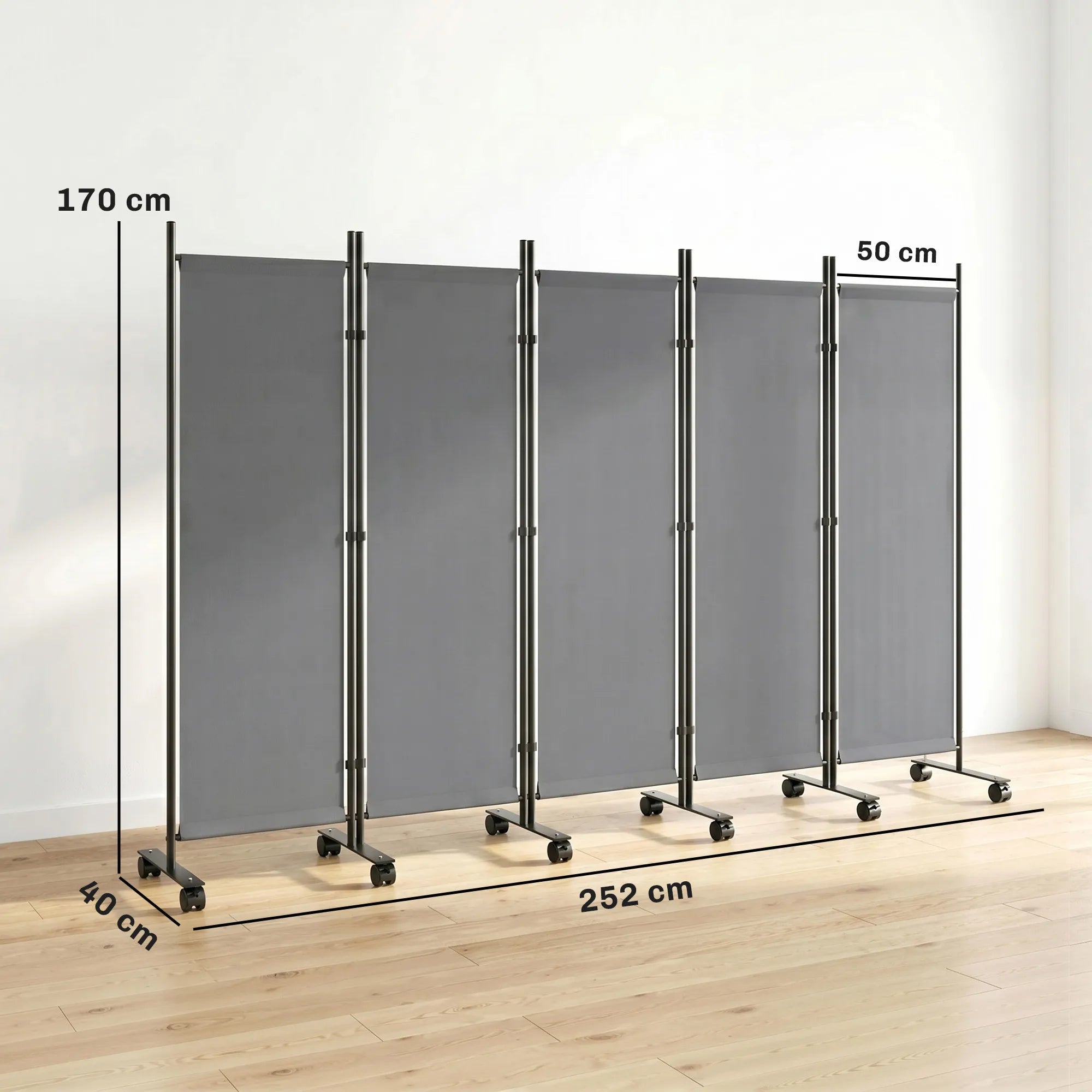 Matmenų schema: 252 cm bendras plotis, 170 cm aukštis, 50 cm pločio dalys