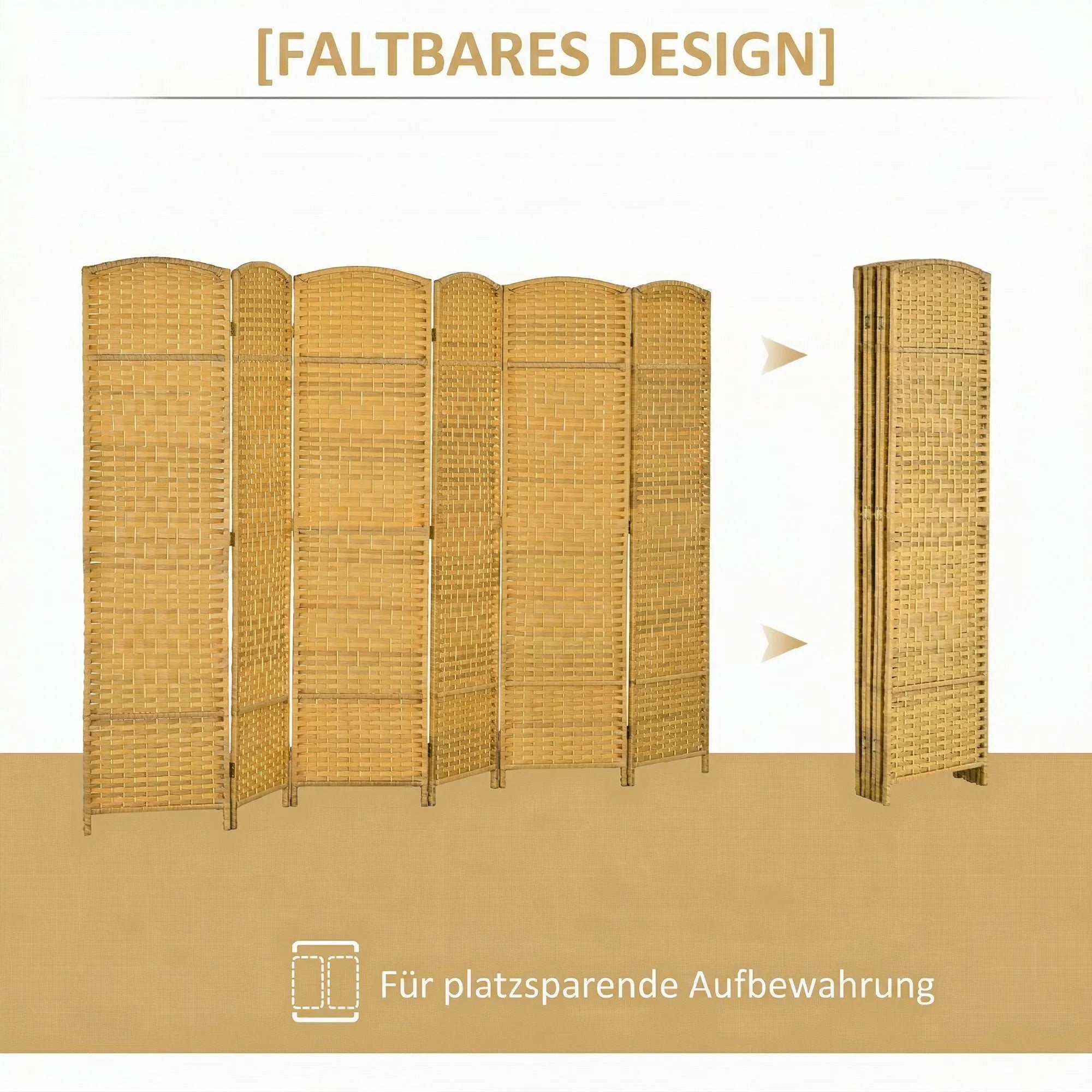 Širma 6 dalių sulankstoma pertvara su medžio rėmu, natūralios spalvos