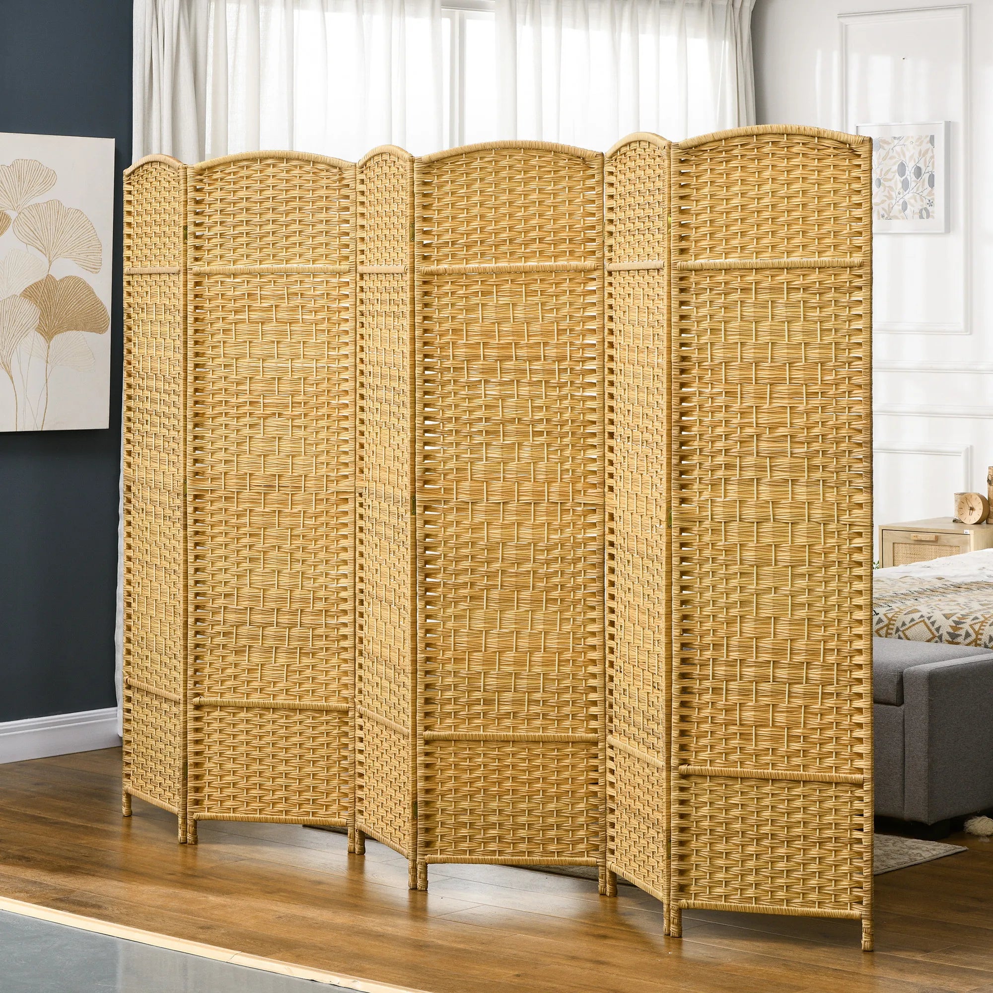 Širma 6 dalių sulankstoma pertvara su medžio rėmu, natūralios spalvos