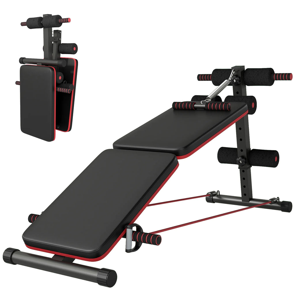 Sit Up Bank pilvo treniruoklis su treniruočių virvėmis Treniruočių suolas Daugiafunkcinis Reguliuojamas ir sulankstomas; 110 kg apkrova Plienas Juodas + raudonas 137 x 51 x 50-66 cm