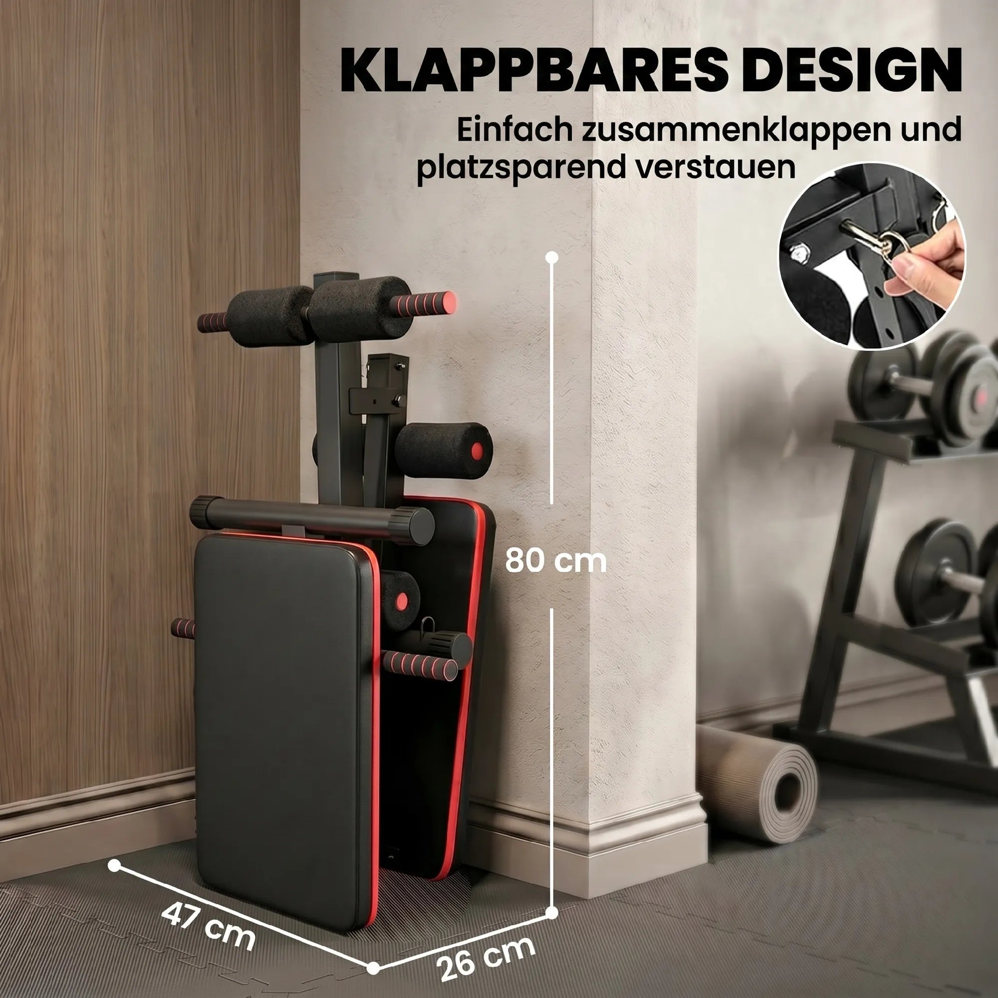 Sit Up Bank pilvo treniruoklis su treniruočių virvėmis Treniruočių suolas Daugiafunkcinis Reguliuojamas ir sulankstomas; 110 kg apkrova Plienas Juodas + raudonas 137 x 51 x 50-66 cm