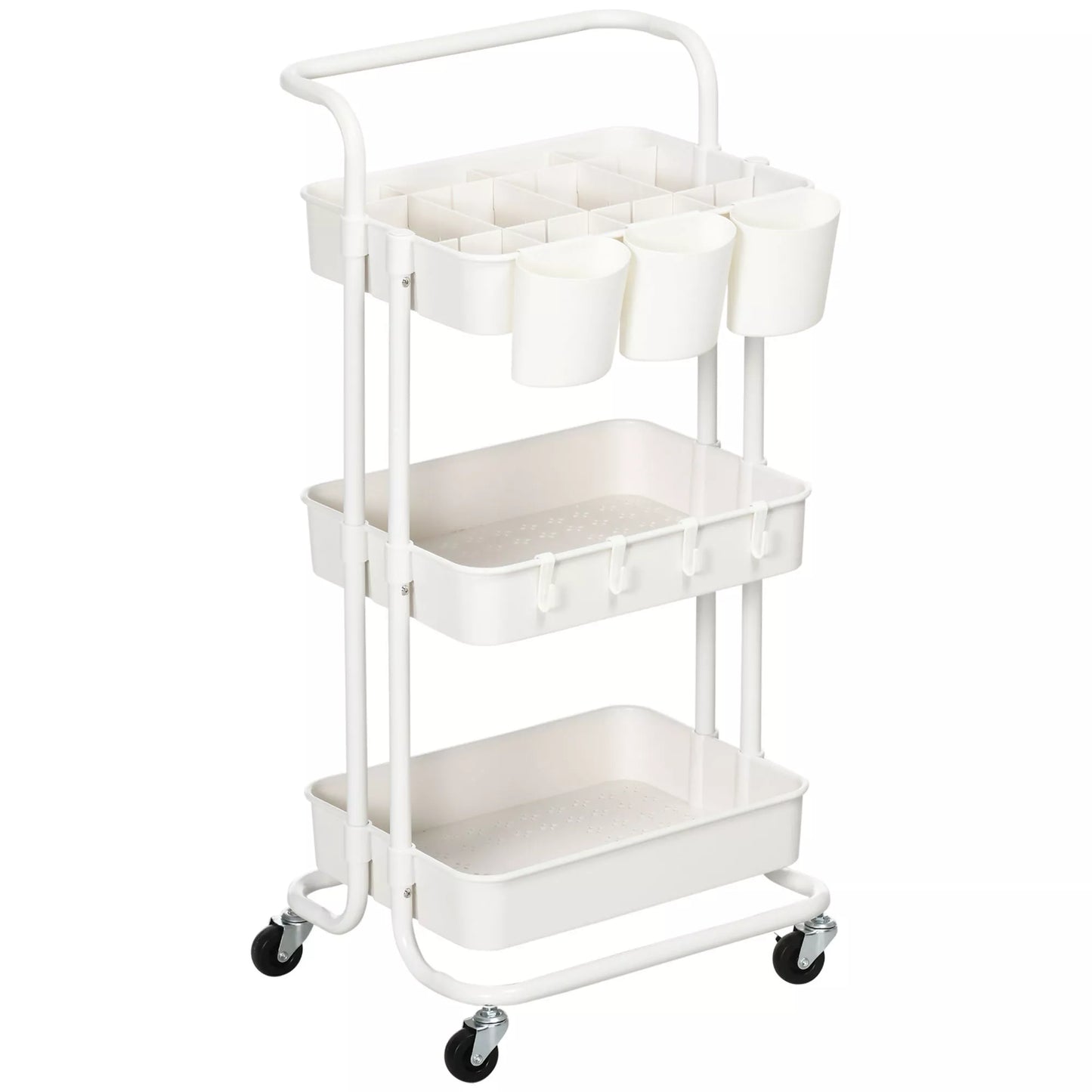 Ratinis vežimėlis, serviso vežimėlis, 3 laikymo krepšeliai, 3 pakabinamos dėžutės, 4 kabliukai, metalinis rėmas, 42 x 38 x 86,5 cm, balta