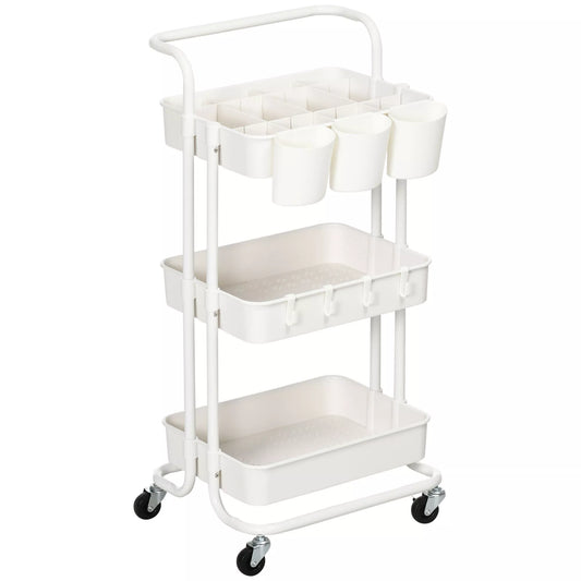 Ratinis vežimėlis, serviso vežimėlis, 3 laikymo krepšeliai, 3 pakabinamos dėžutės, 4 kabliukai, metalinis rėmas, 42 x 38 x 86,5 cm, balta