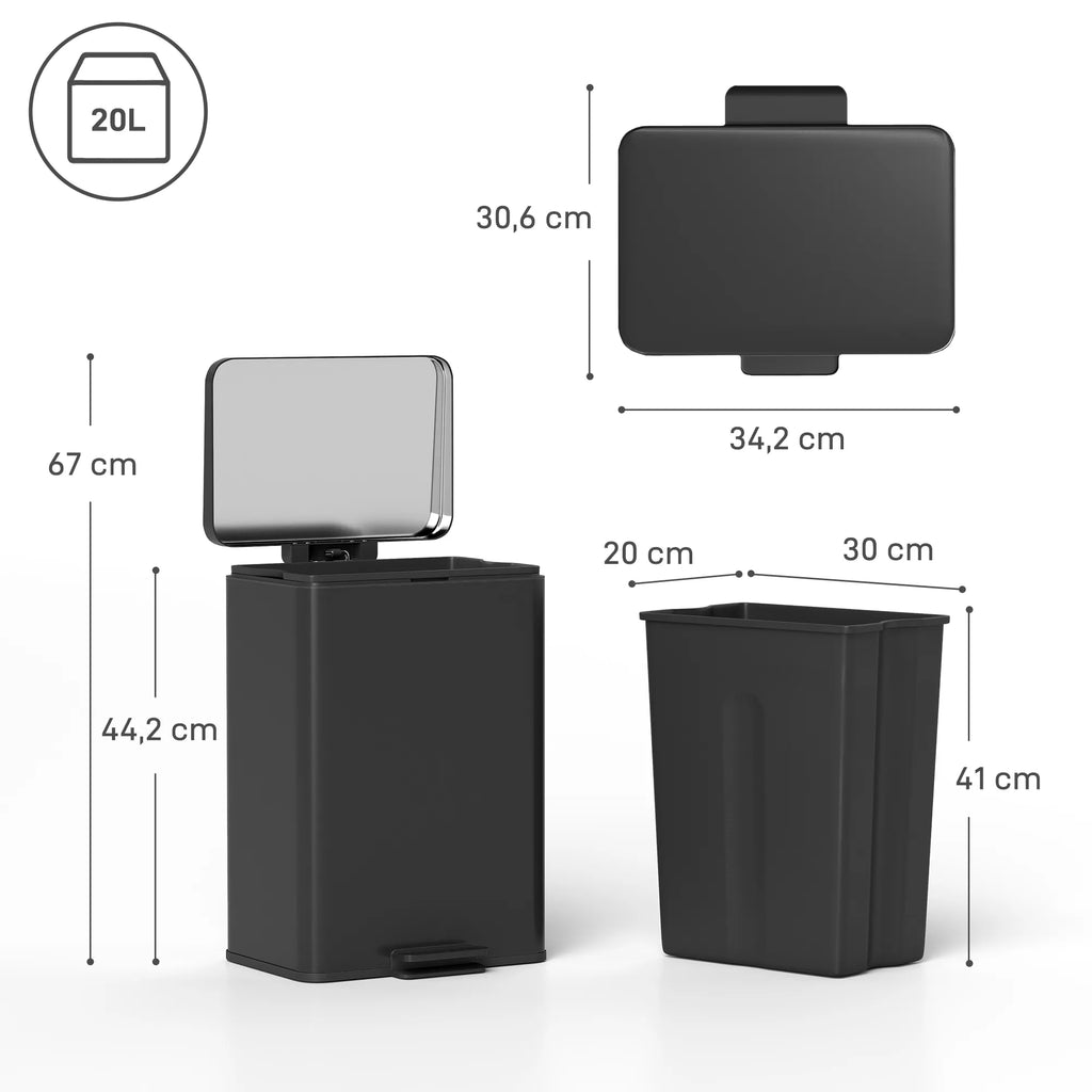 Šiukšliadėžės matmenų schema: 20 l talpa, 67 cm aukštis