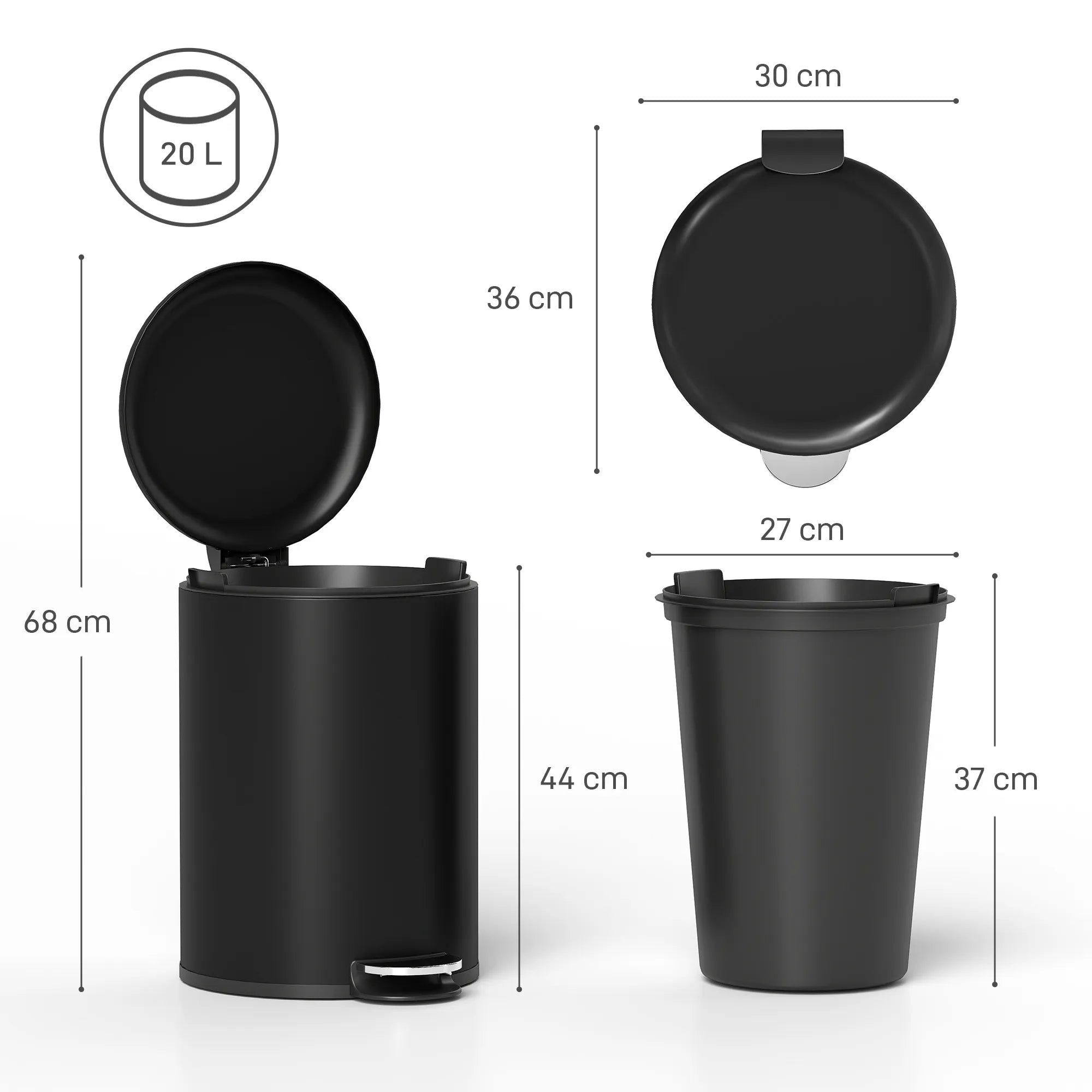 Šiukšliadėžė 20L, metalinė, su pedalu, lėtai užsidarančiu dangčiu, juoda