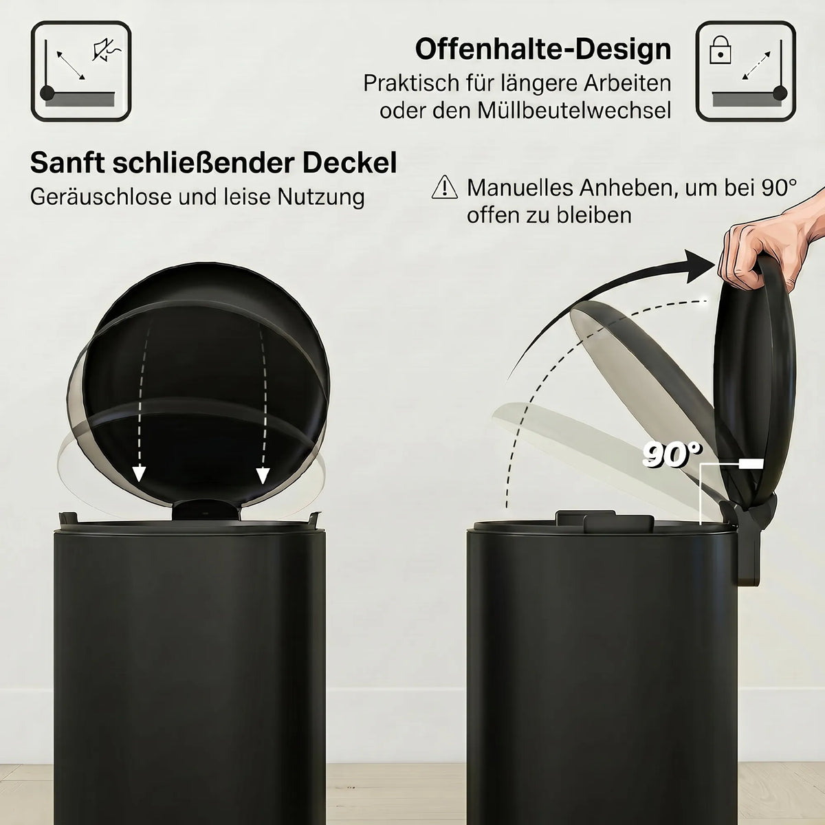 Šiukšliadėžė 20L, metalinė, su pedalu, lėtai užsidarančiu dangčiu, juoda