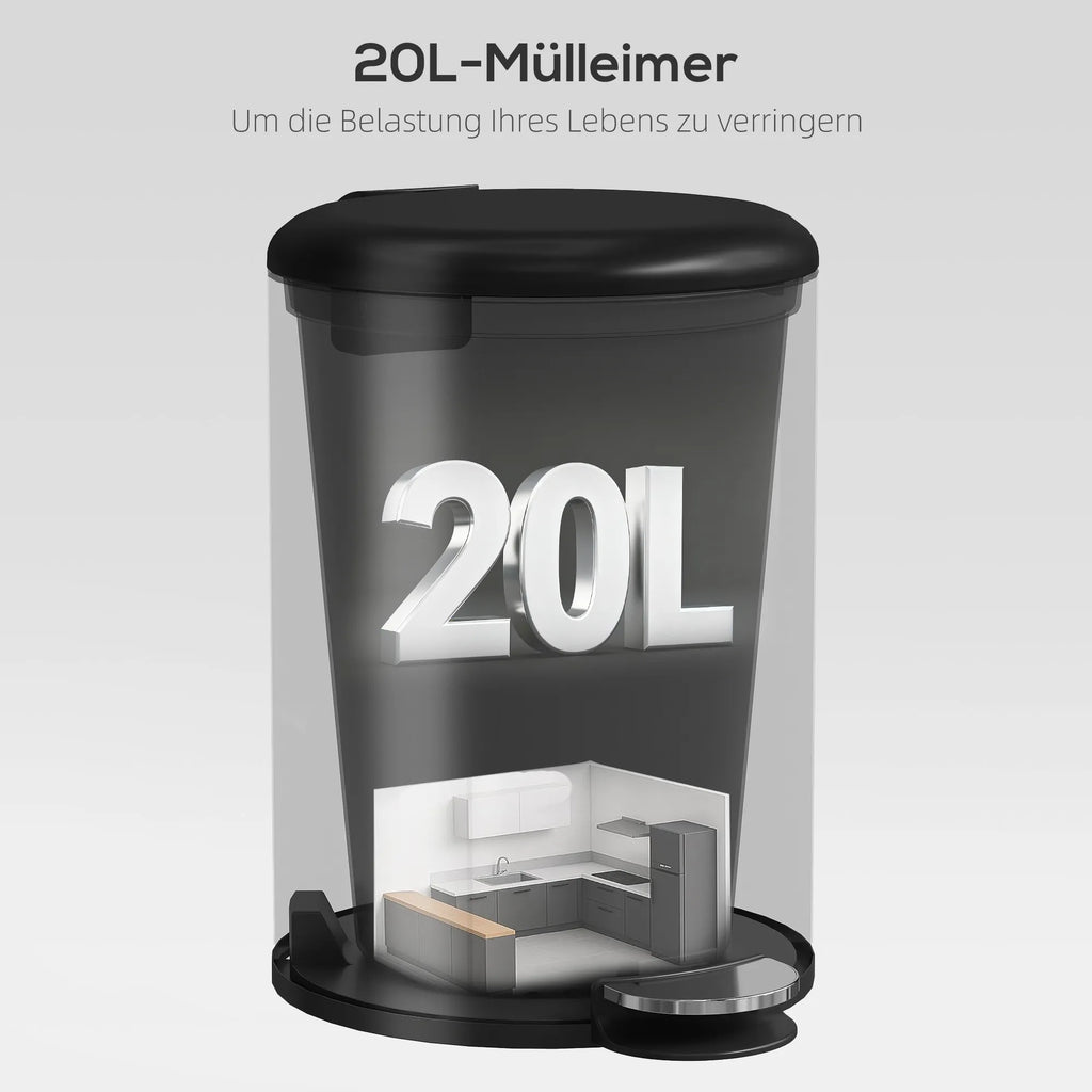Šiukšliadėžė 20L, metalinė, su pedalu, lėtai užsidarančiu dangčiu, juoda