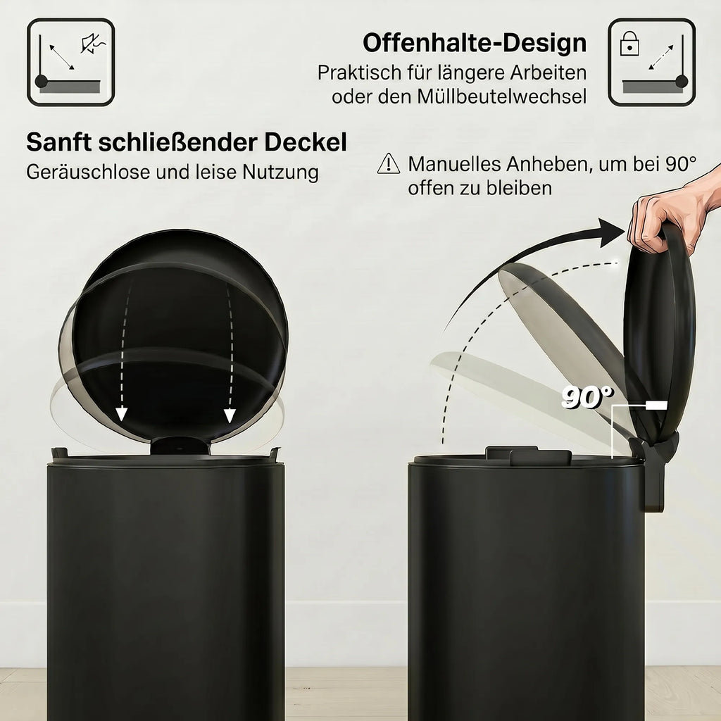 Šiukšliadėžė 20L, metalinė, su pedalu, lėtai užsidarančiu dangčiu, juoda