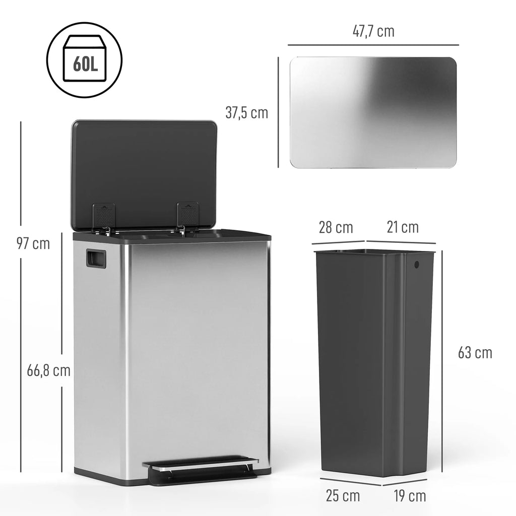 Šiukšliadėžė atliekų rūšiavimui, 2x30L, sidabrinė