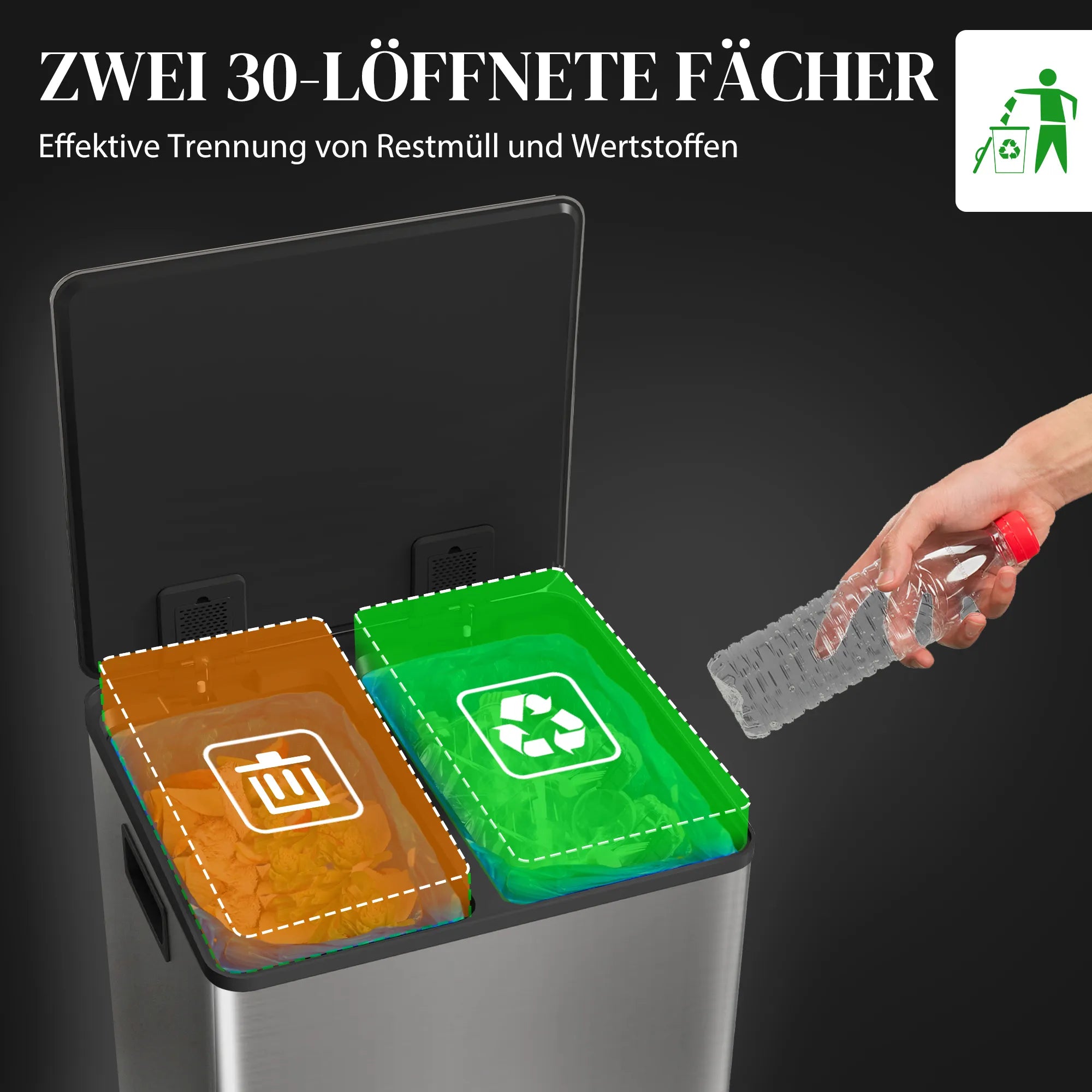 Šiukšliadėžė atliekų rūšiavimui, 2x30L, sidabrinė