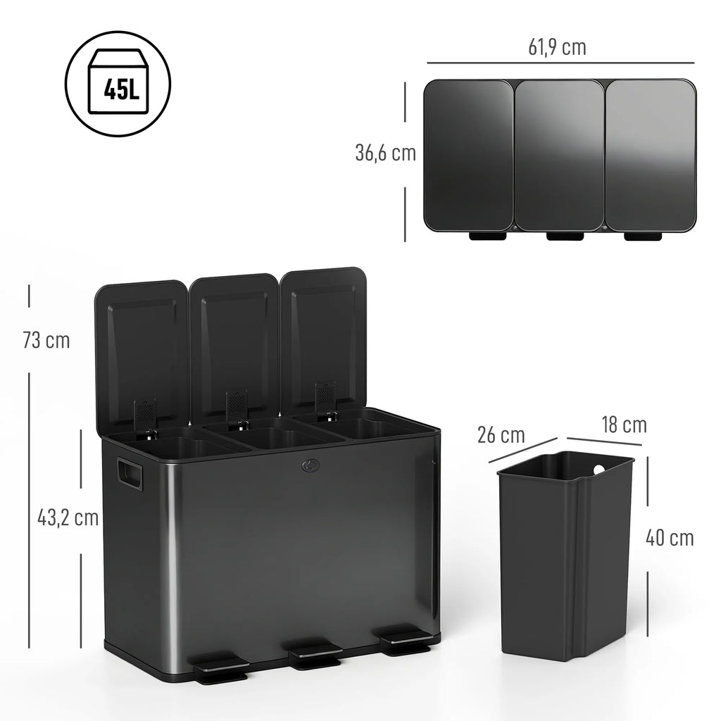 Šiukšliadėžė su 3 skyriais ir pedalu, 45 l (3x15 l), juoda