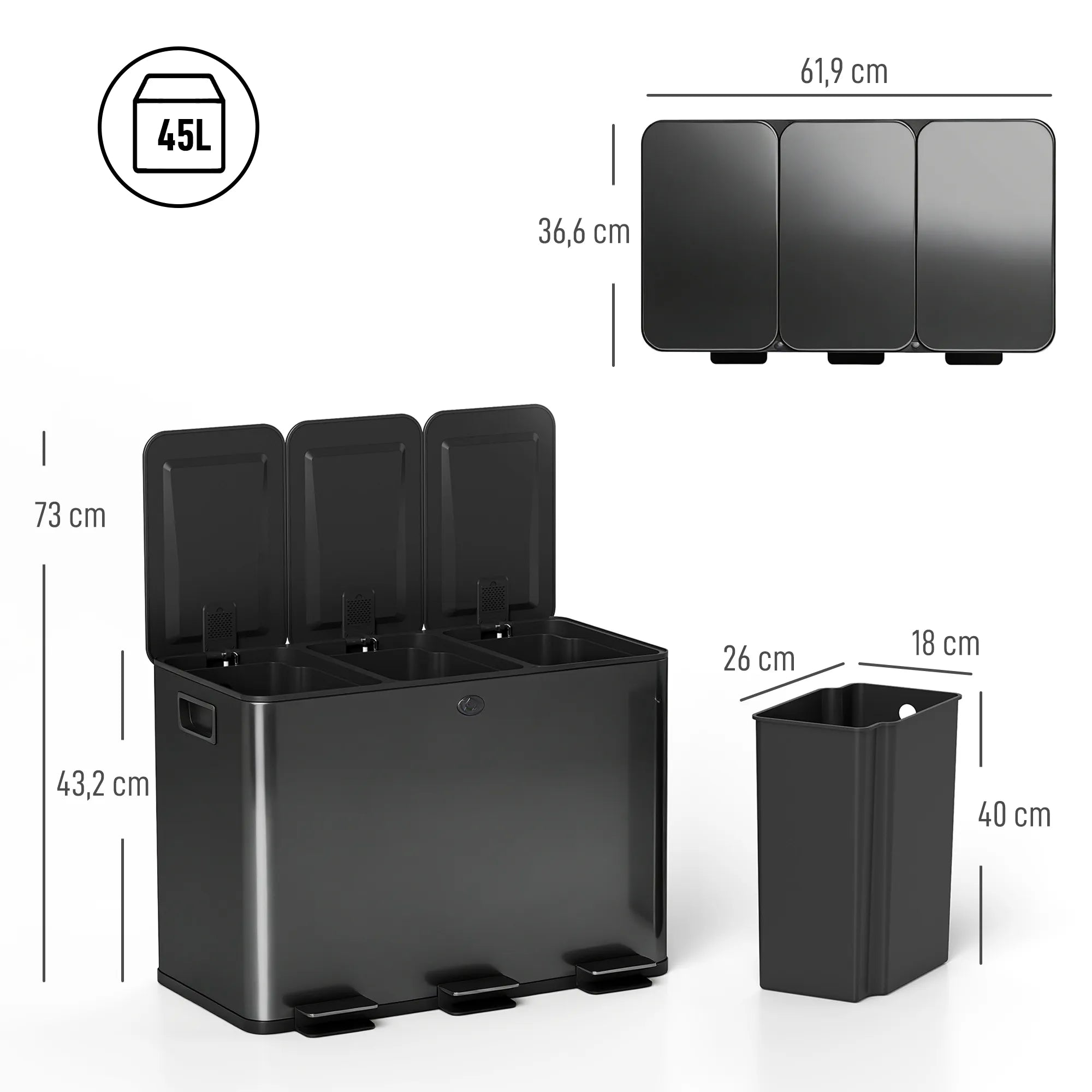 Šiukšliadėžė su 3 skyriais ir pedalu, 45 l (3x15 l), juoda