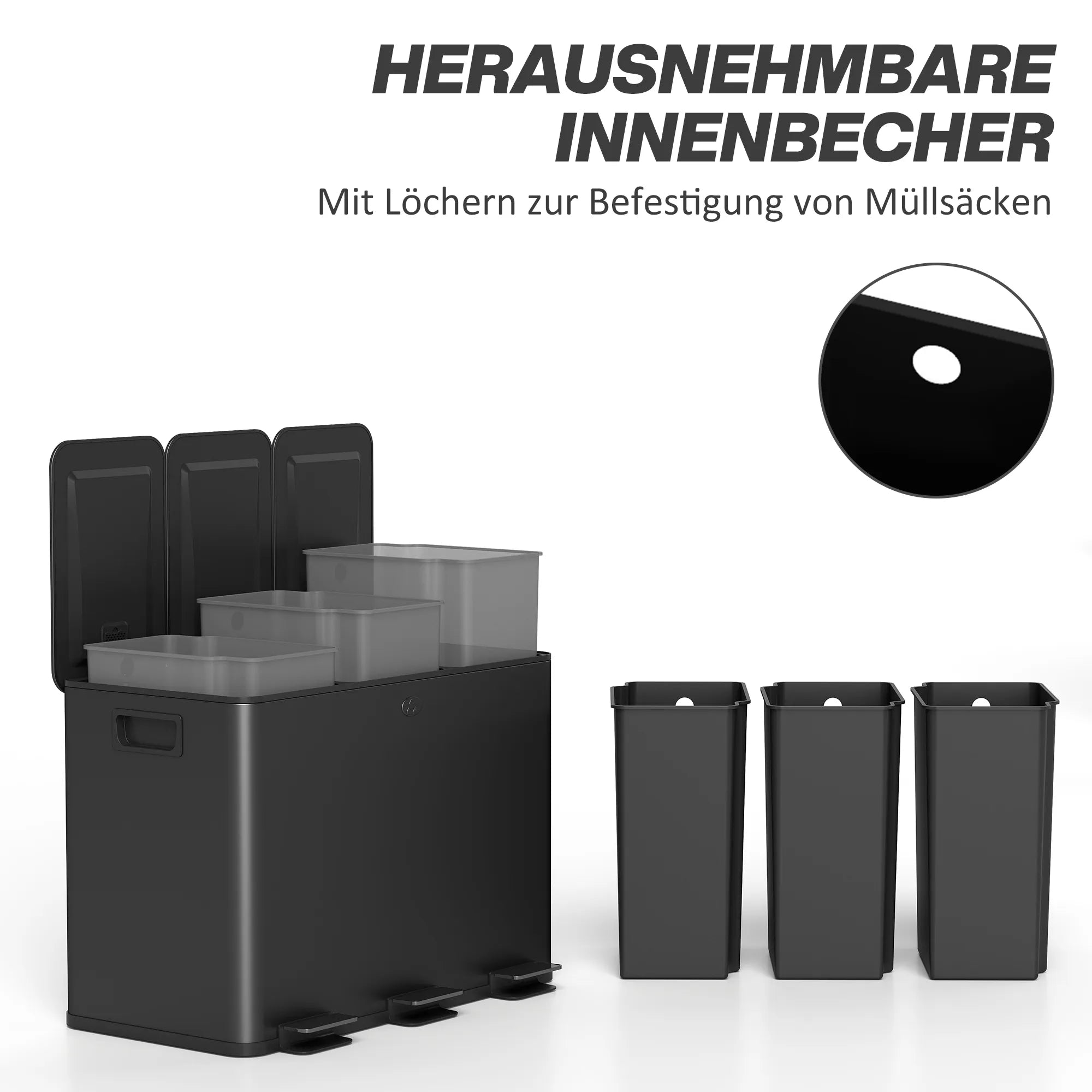Šiukšliadėžė su 3 skyriais ir pedalu, 45 l (3x15 l), juoda