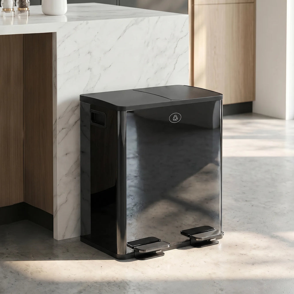 Šiukšliadėžė su dviem skyriais, 2 x 20 l, su pedalu, juoda