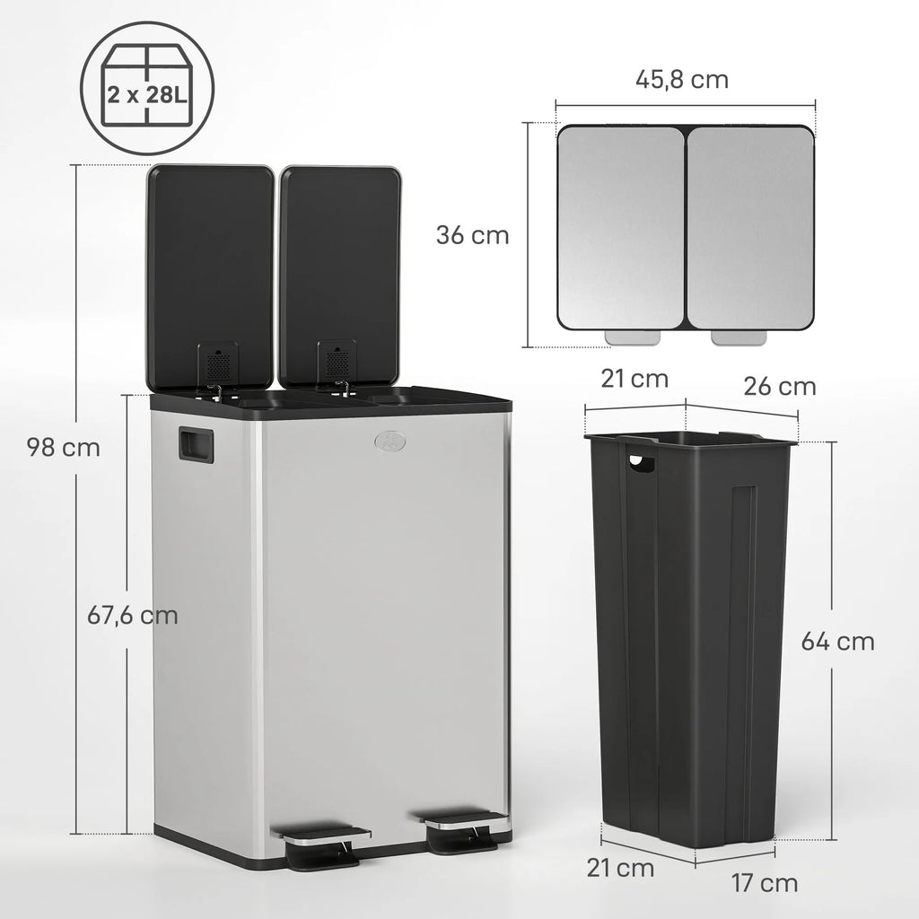 Šiukšliadėžė su dviem skyriais, 2 x 28 l, pedalinis atidarymas, sidabrinė