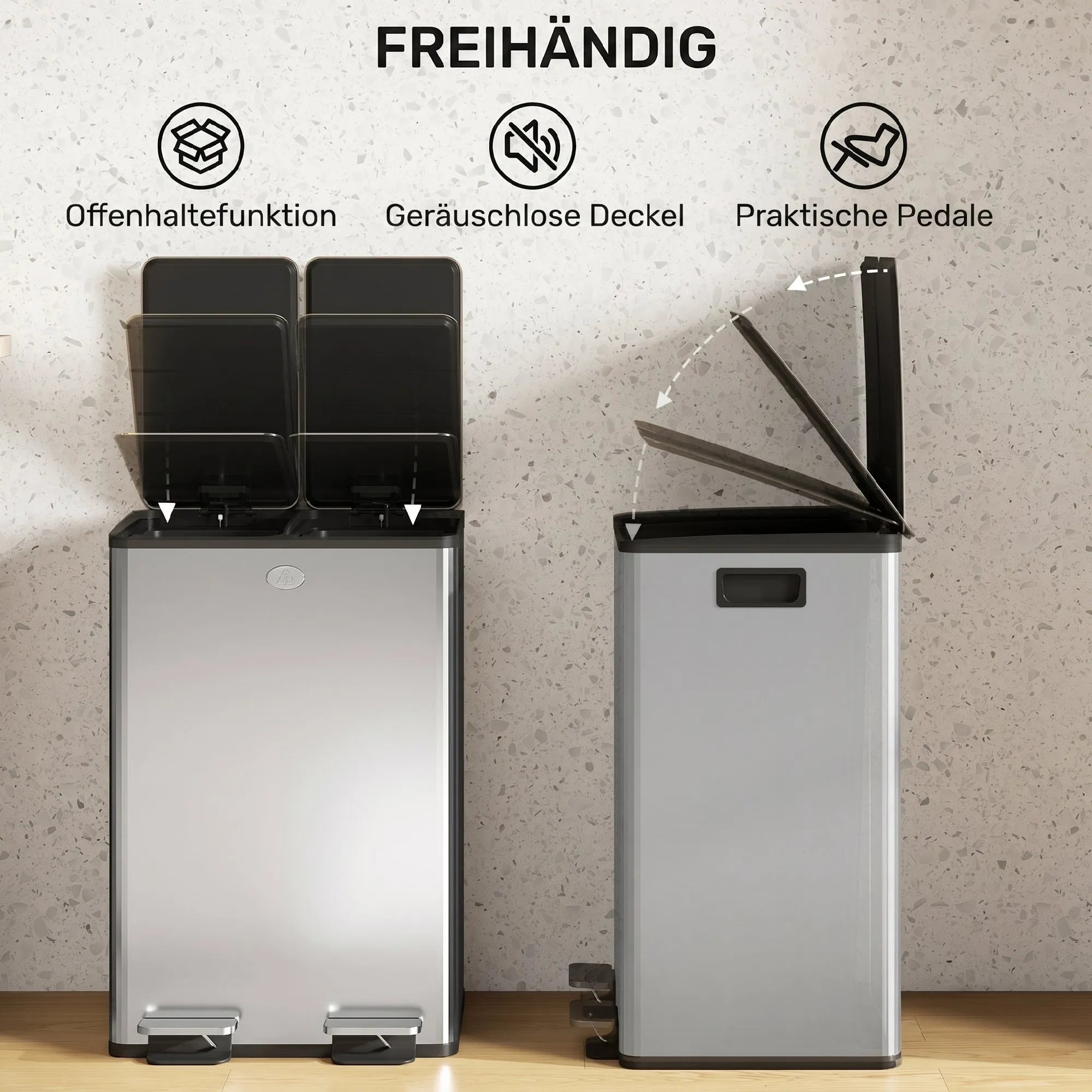 Šiukšliadėžė su dviem skyriais, 2 x 28 l, pedalinis atidarymas, sidabrinė