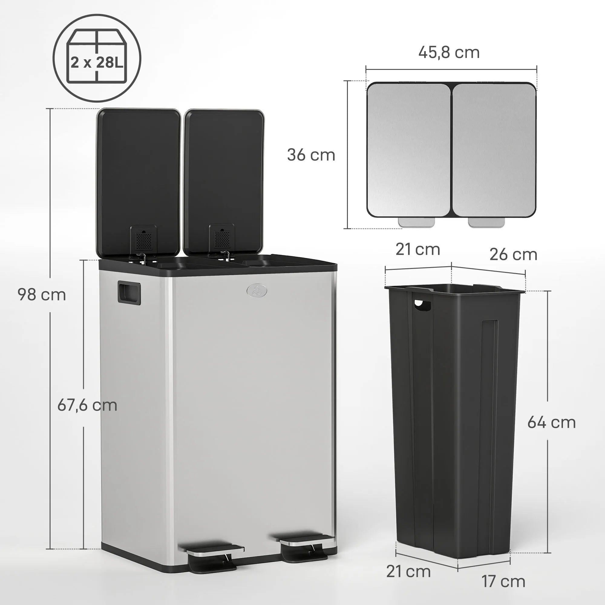 Šiukšliadėžė su dviem skyriais, 2 x 28 l, pedalinis atidarymas, sidabrinė