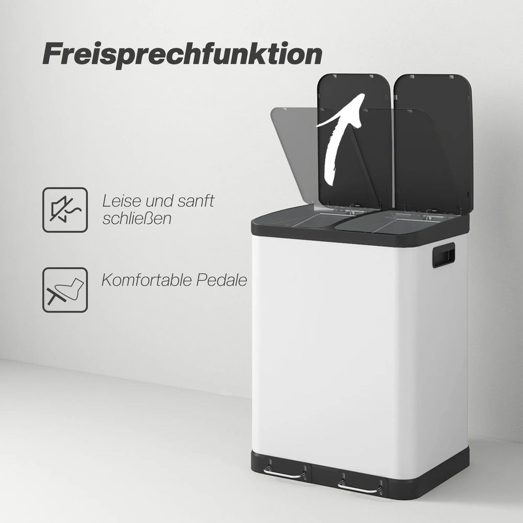 Šiukšliadėžė su dviem skyriais, 60 l, pedalinė, su išimamais kibirėliais, balta
