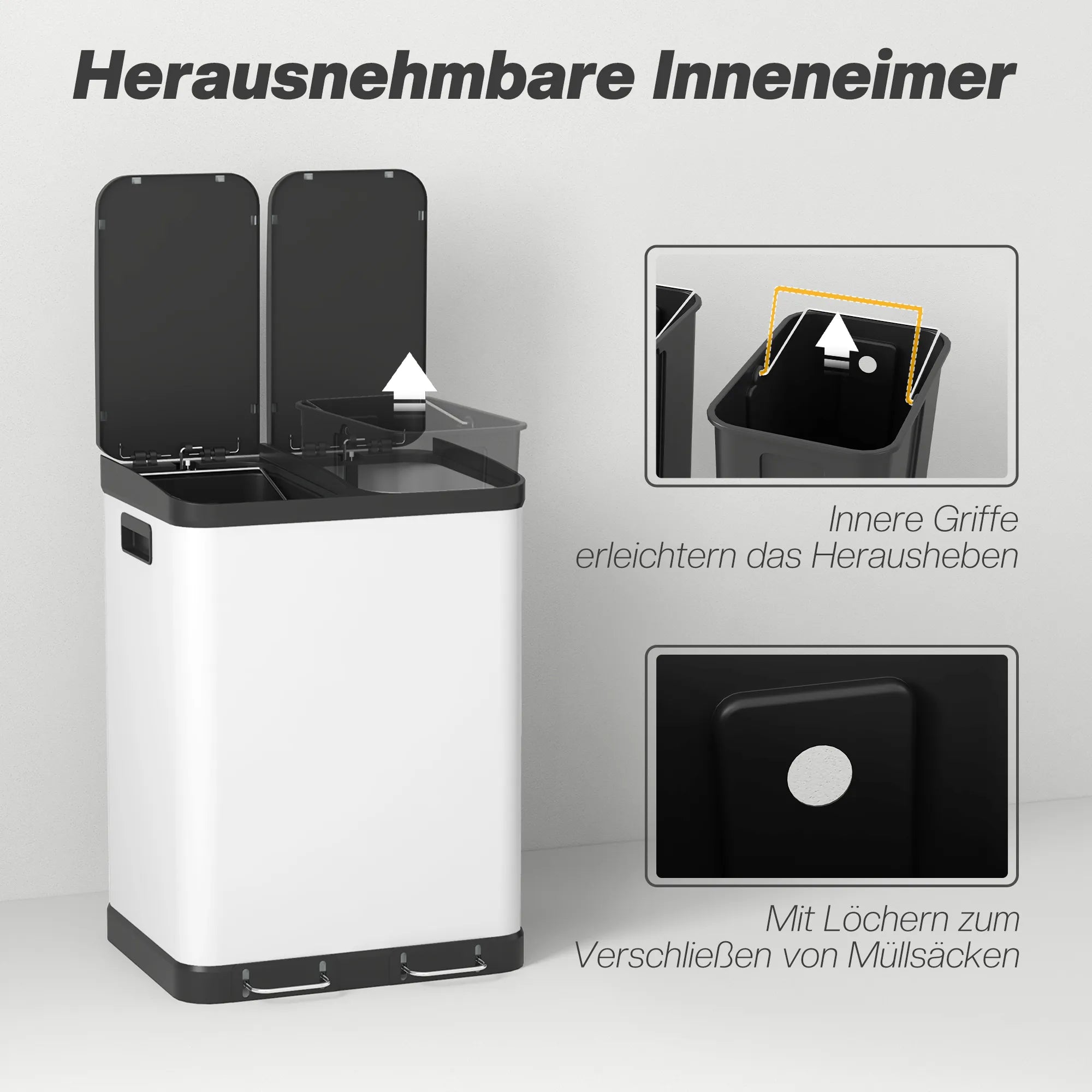 Šiukšliadėžė su dviem skyriais, 60 l, pedalinė, su išimamais kibirėliais, balta