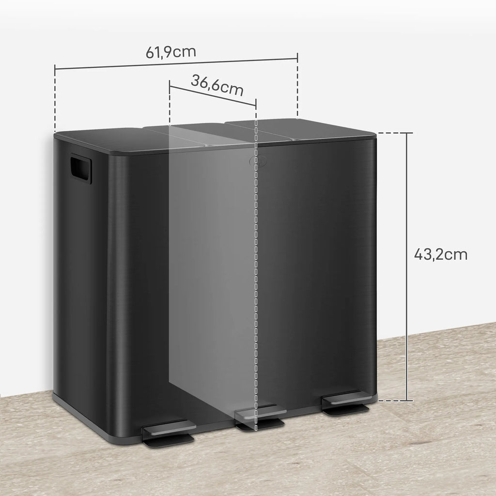 Šiukšliadėžė su pedalais, 3 x 15L, juoda