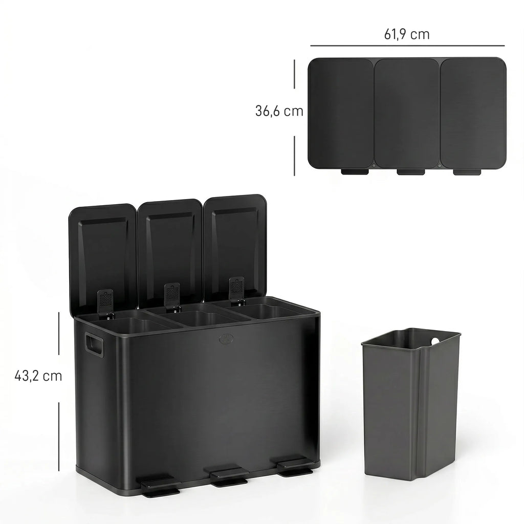Šiukšliadėžė su pedalais, 3 x 15L, juoda