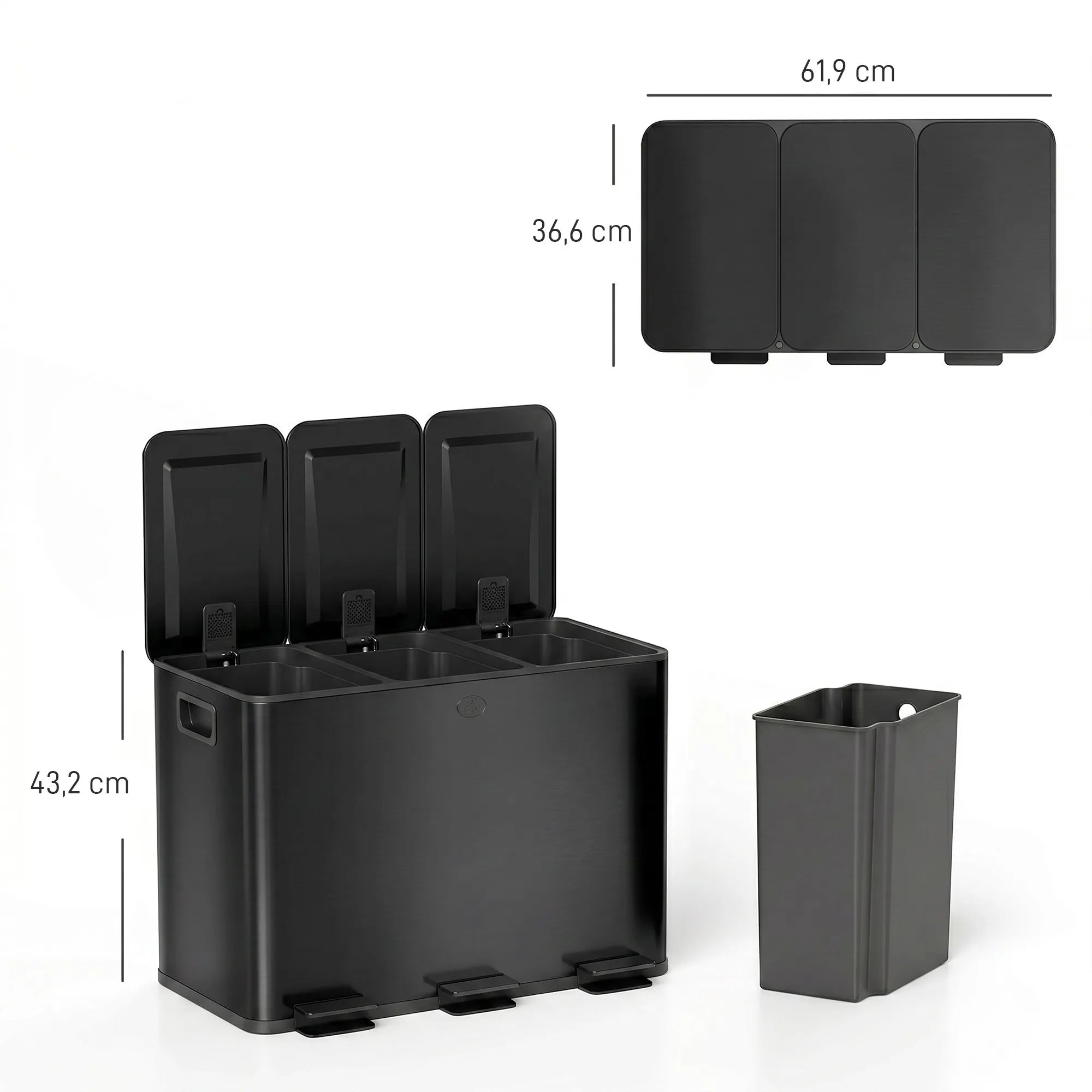 Šiukšliadėžė su pedalais, 3 x 15L, juoda