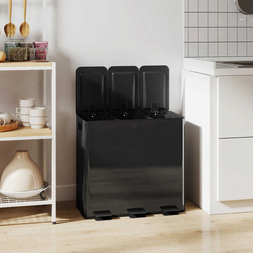 Šiukšliadėžė su pedalais, 3 x 20 l, juoda