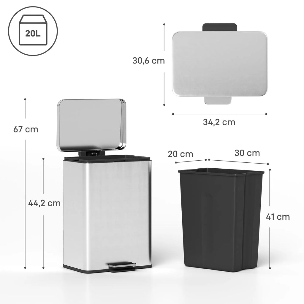 Šiukšliadėžė su pedalu, 20 l, sidabrinė