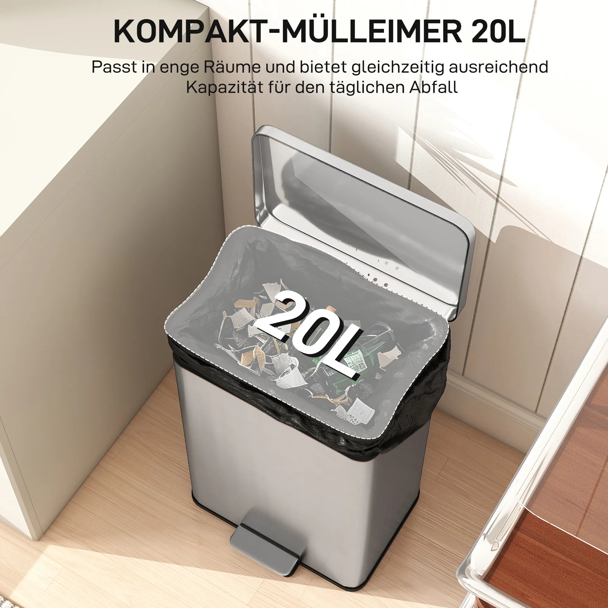 Šiukšliadėžė su pedalu, 20 l, sidabrinė