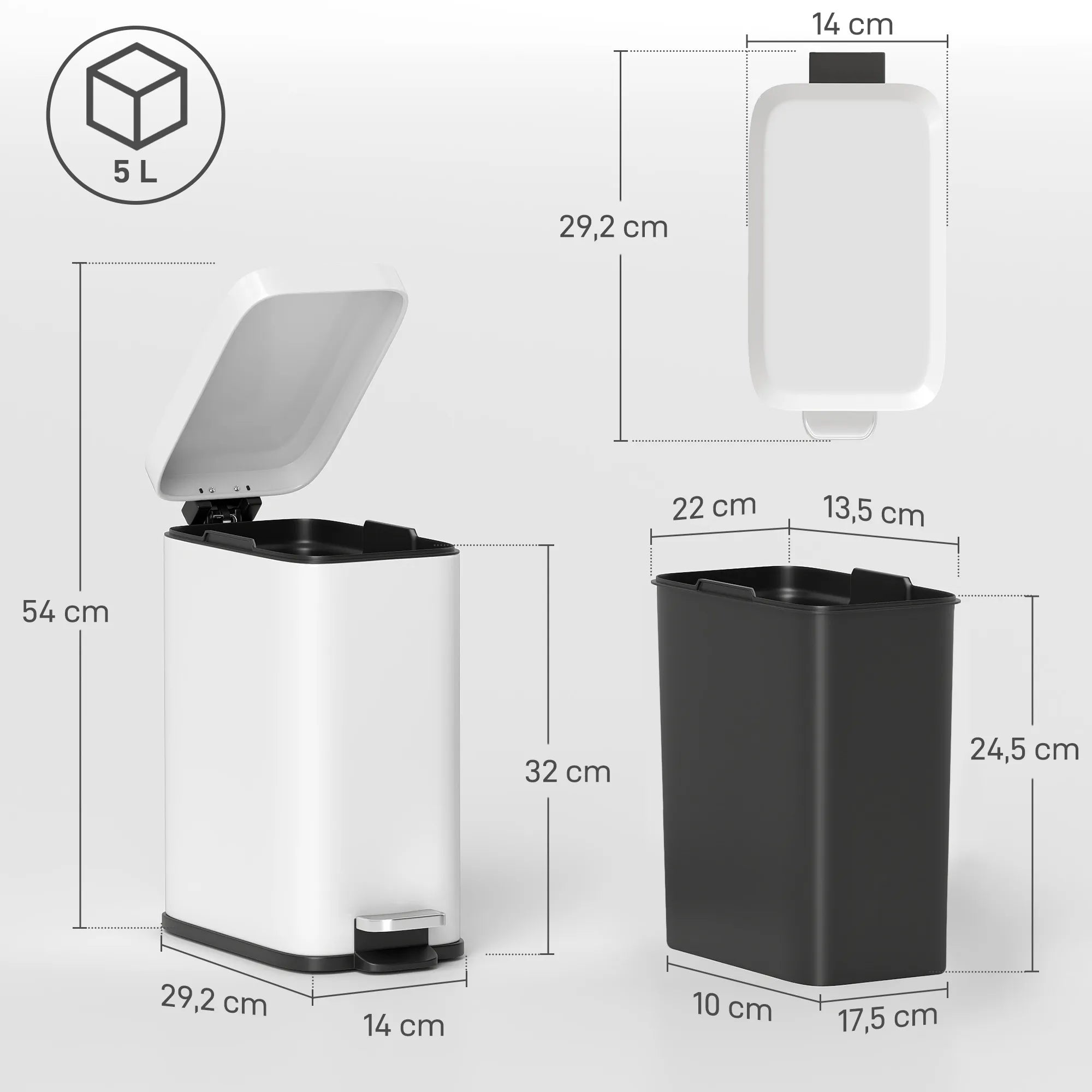 Šiukšliadėžė su pedalu, 5 l, balta