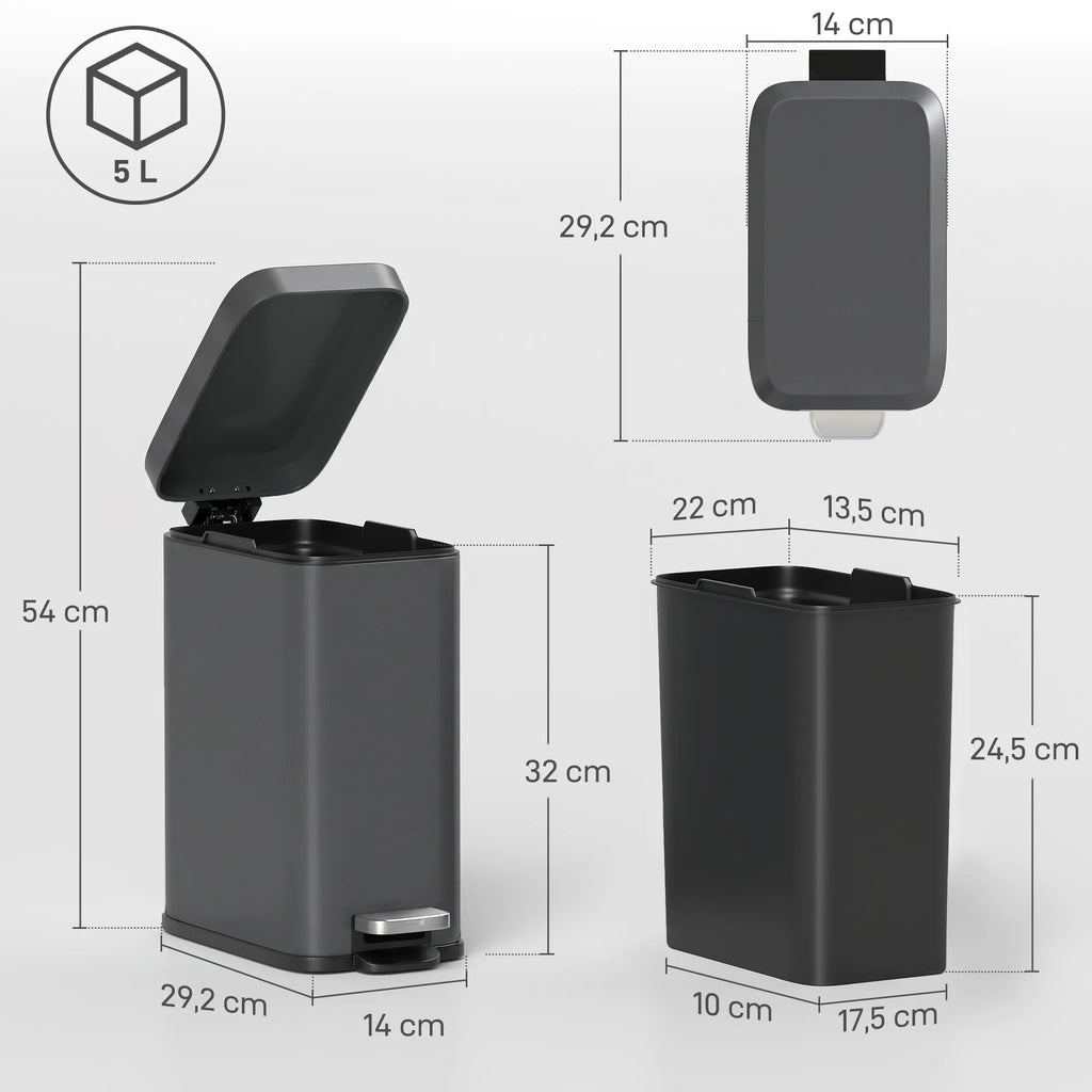 Šiukšliadėžė su pedalu, 5 l, pilka