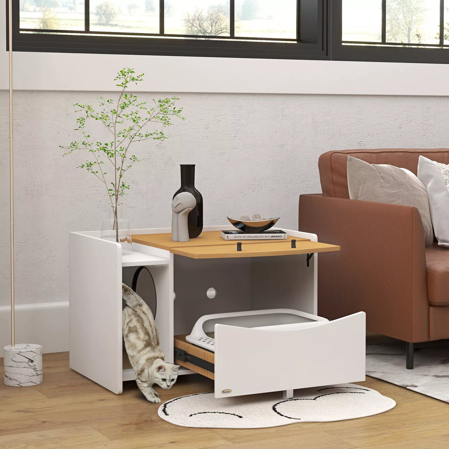 Kačių tualetas, ištraukiamas, spintelės dizainas, su kraiko padėklu, 78x50x51cm, Ąžuolas/Balta