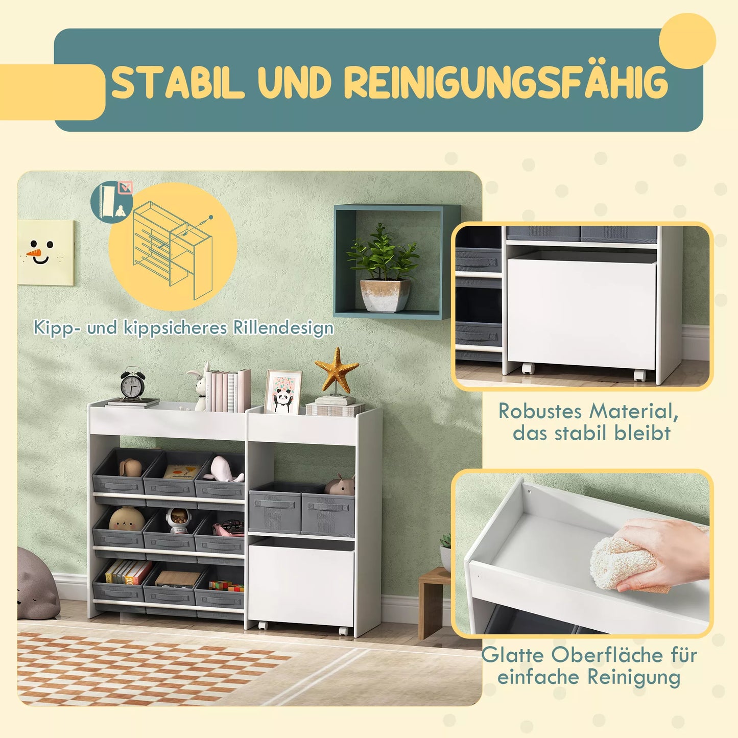 Vaikiška daiktų laikymo lentyna, žaislų spintelė su 11 audinių dėžučių, viršutiniais skyreliais, 3 lipdukais, balta