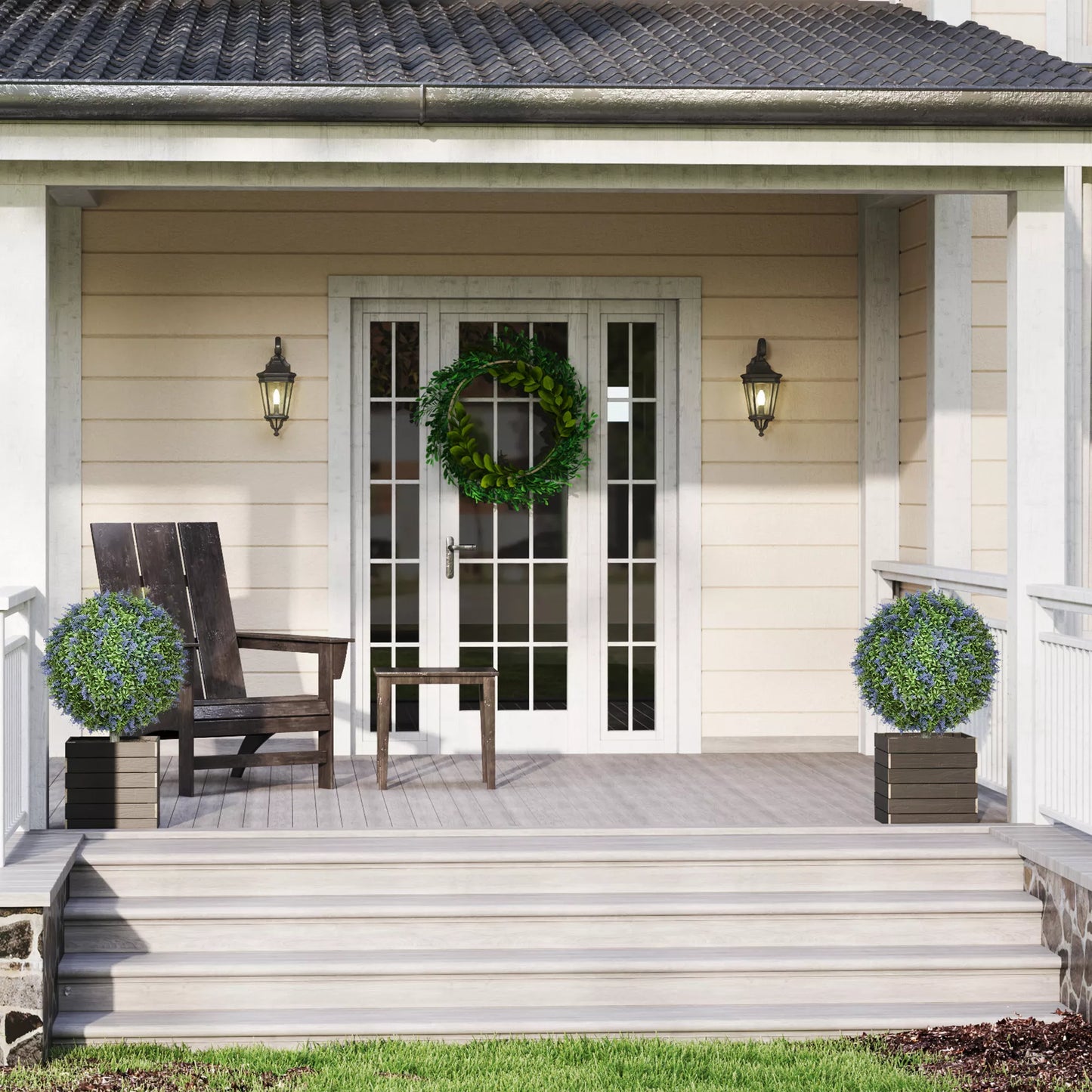 2 vnt. dirbtinių medelių rinkinys, dirbtiniai levandų medeliai, žemės kuoliukai, atsparūs UV spinduliams