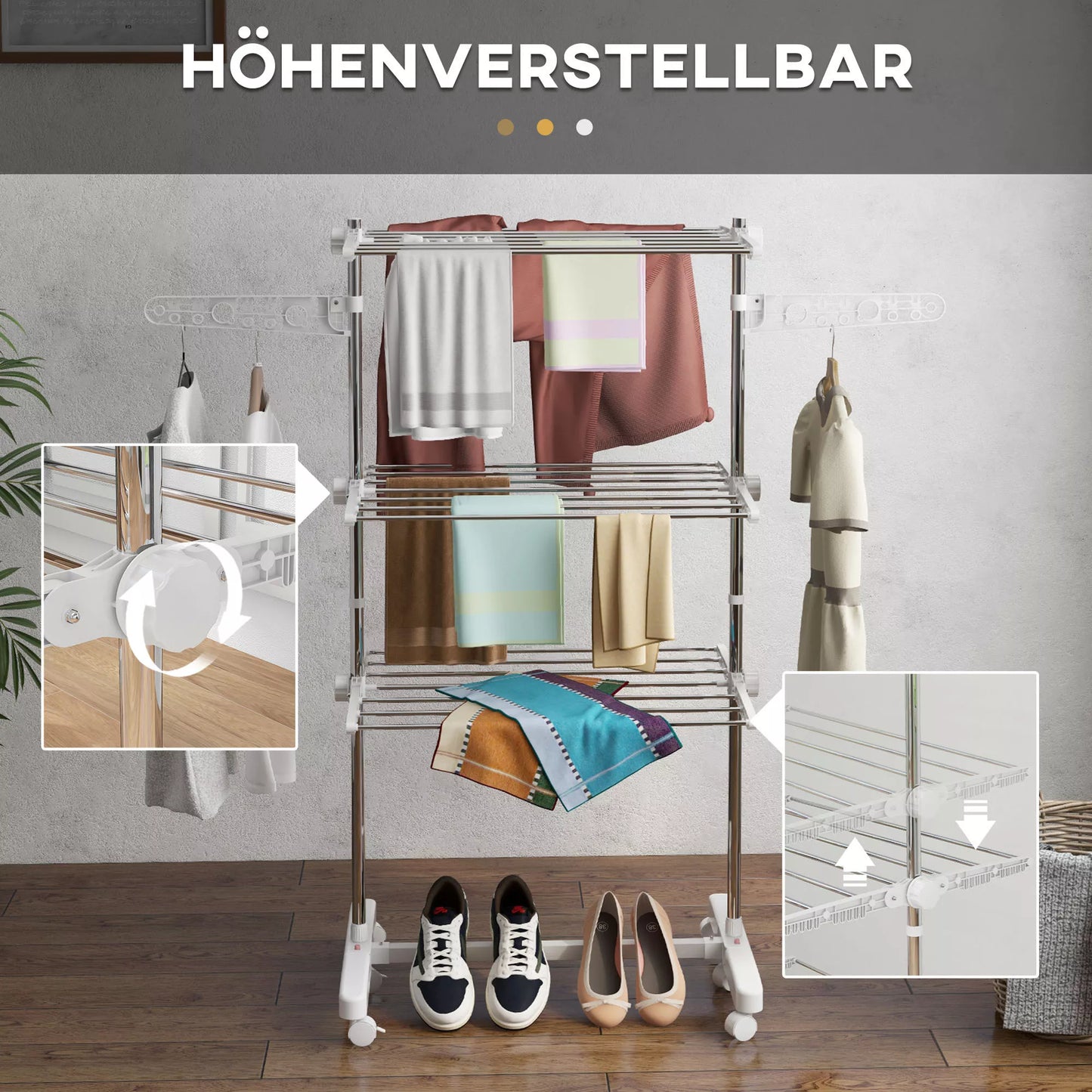 Mobili skalbinių džiovykla, 3 lygmenų, sulankstoma, sidabrinė + balta