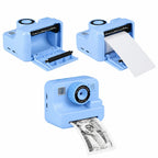Fotoaparatas spausdina nuotrauką, šalia parodytas popieriaus dėjimas