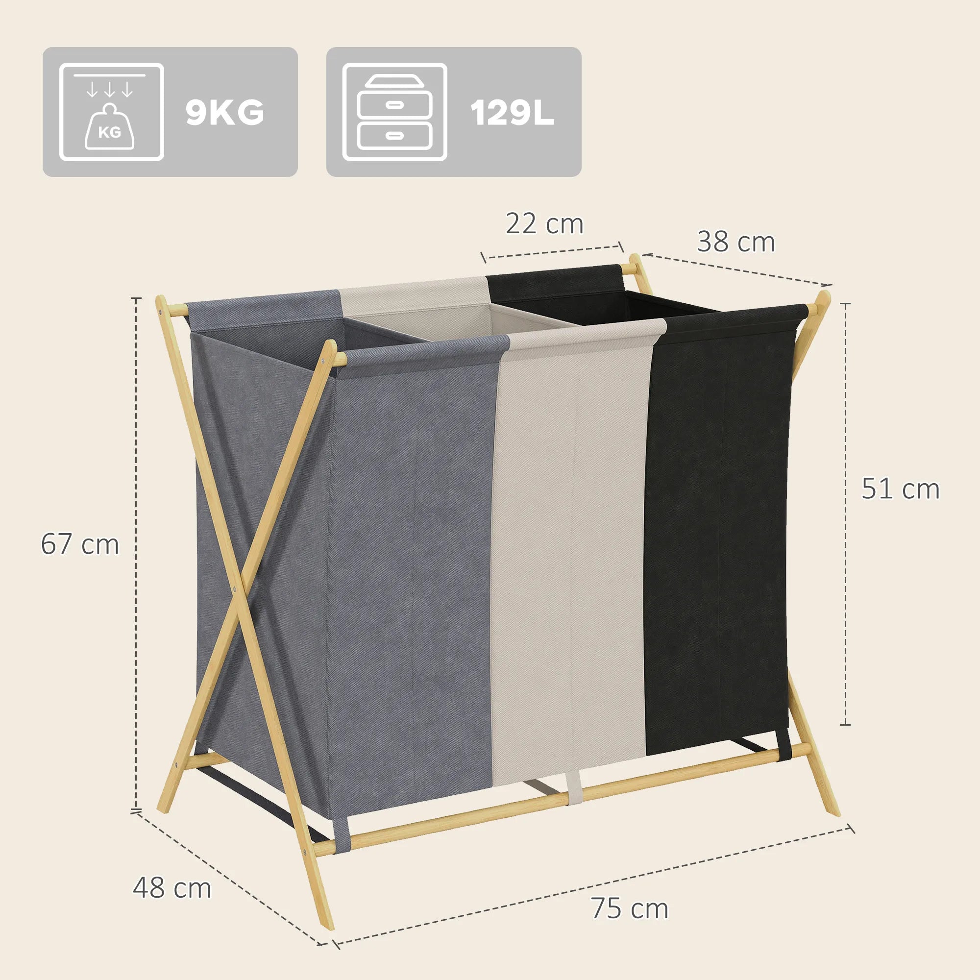 Krepšio matmenų schema: 129 l talpa, 67 cm aukštis, svoris 9 kg