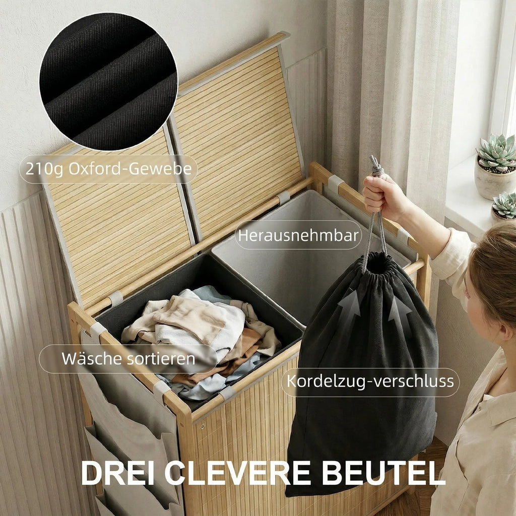Skalbinių krepšys su 2 skyriais ir šoninėmis kišenėmis, 120 l, bambukinis, natūralus